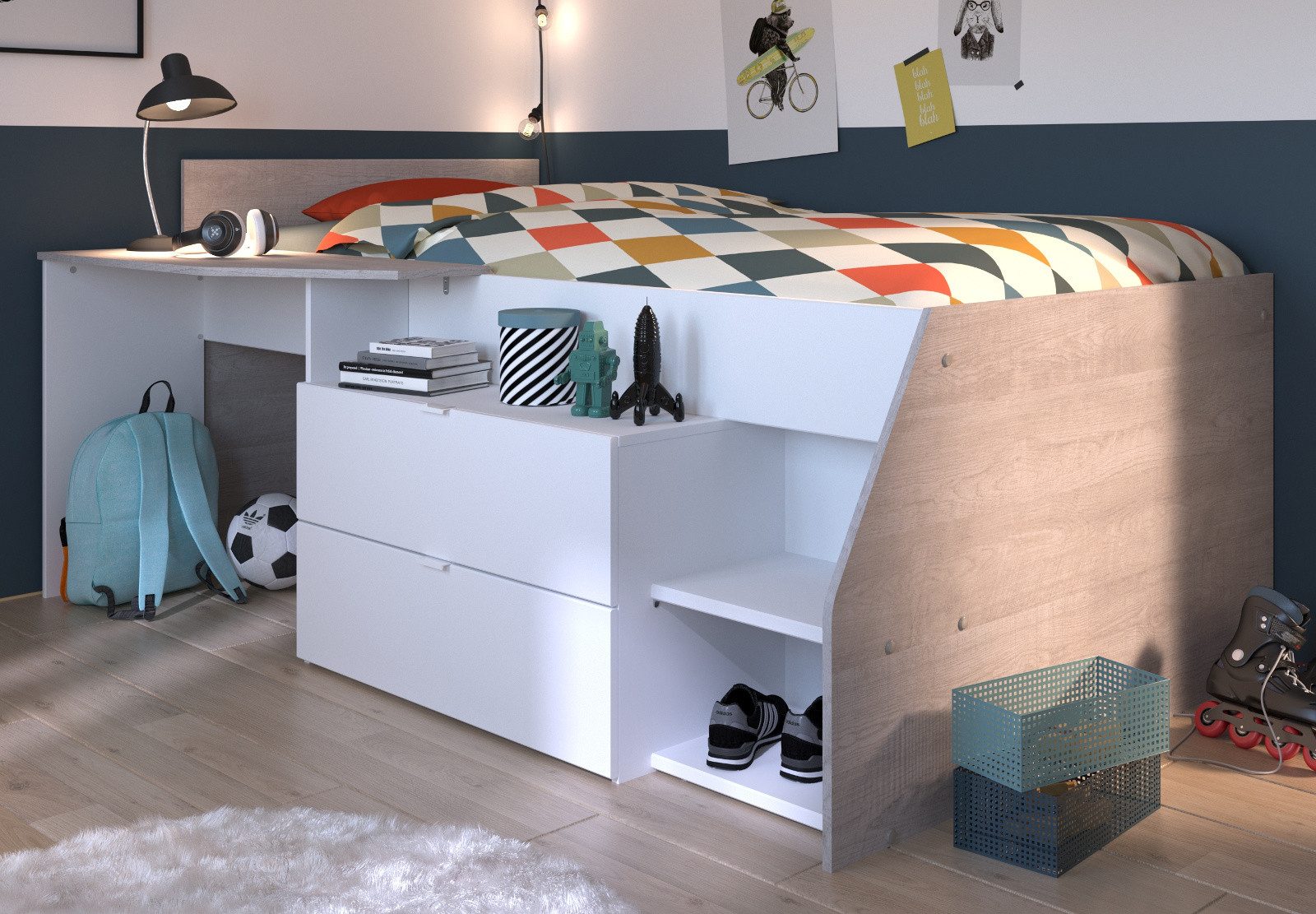 Parisot Hochbett Milky (Kinderbett Liegefläche 90 x 200 cm, in weiß oder Eiche) mit viel Stauraum