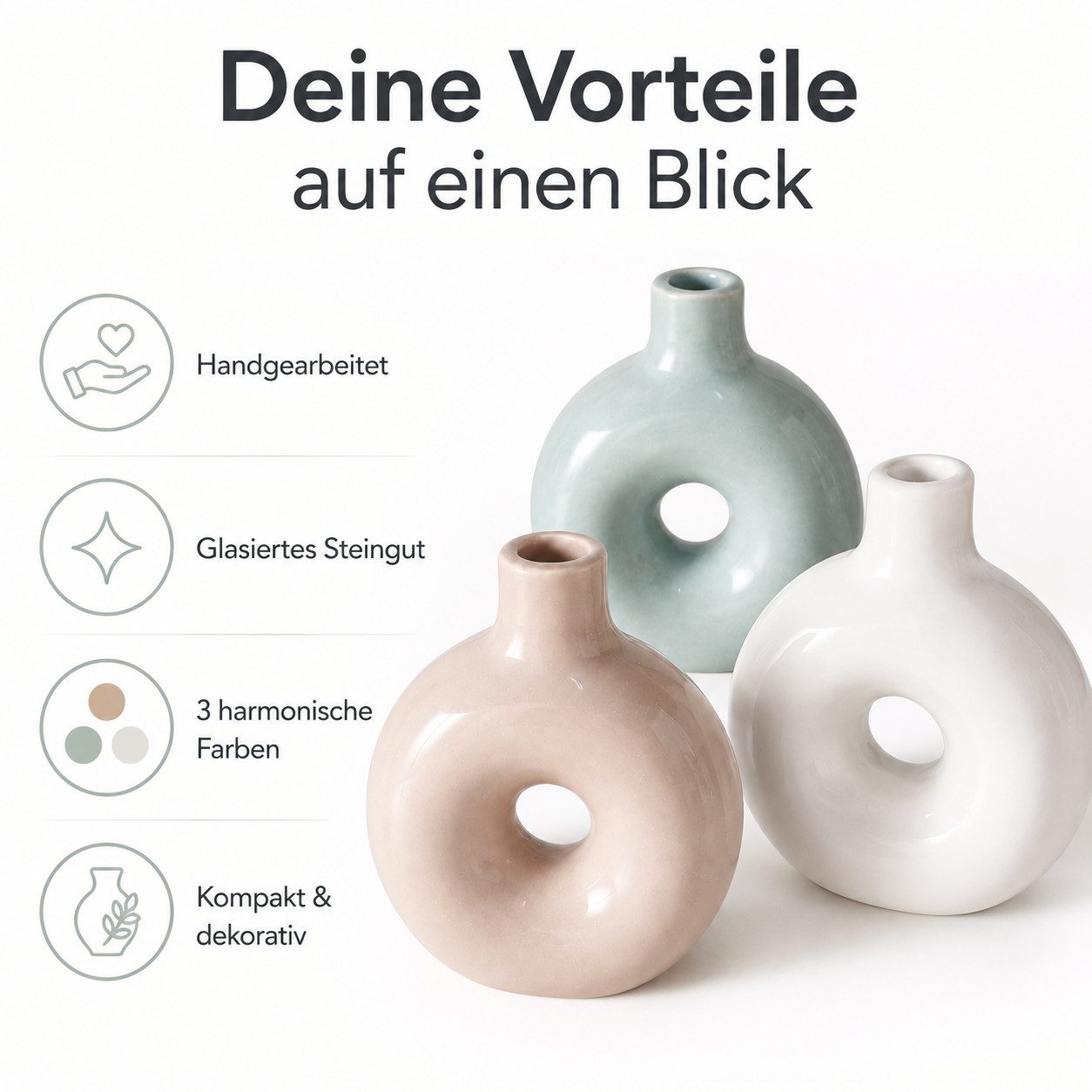 BOLTZE Dekovase Vase Lanyo 3er Set glasiertes Steingut Beige Grün Weiß (3er-SET)