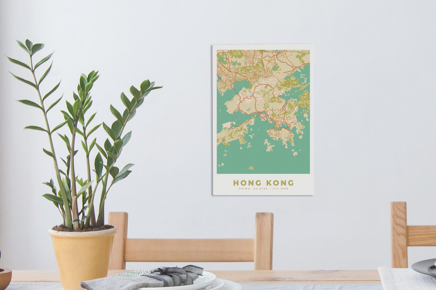 - Zackenaufhänger, Karte cm Gemälde, fertig Vintage (1 St), Stadtplan Karte, - Hongkong bespannt Leinwandbild OneMillionCanvasses® 20x30 - inkl. - Leinwandbild