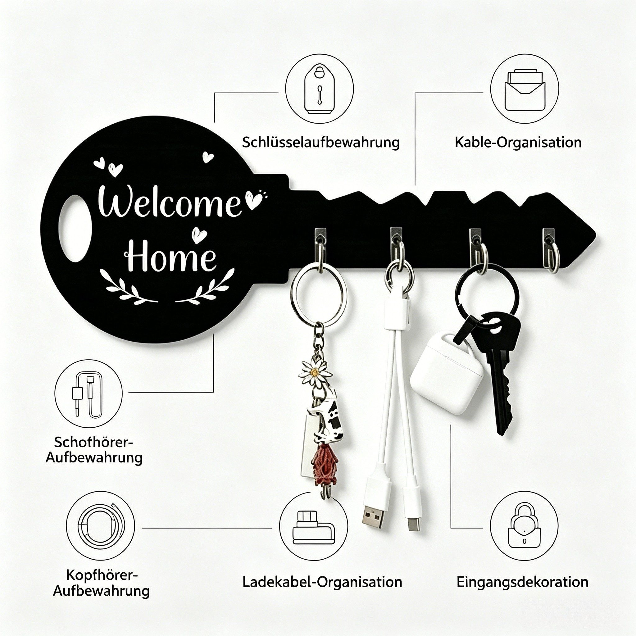 ibettertec Schlüsselbrett Selbstklebender Schlüsselhalter für die Wand mit 4 Haken ohne Bohren, (1), Key Holder Aufbewahrung,Halter für Schlüssel,Schlüsselboard,4 hooks