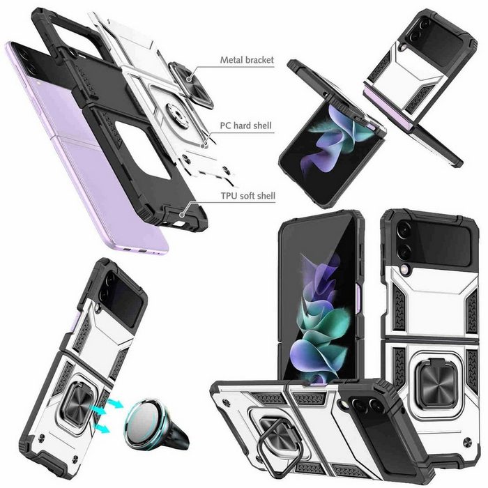 Wigento Handyhülle Für Samsung Galaxy Z Flip4 5G Design Armor Magnet Ring Cover Handy Tasche Etuis Silber