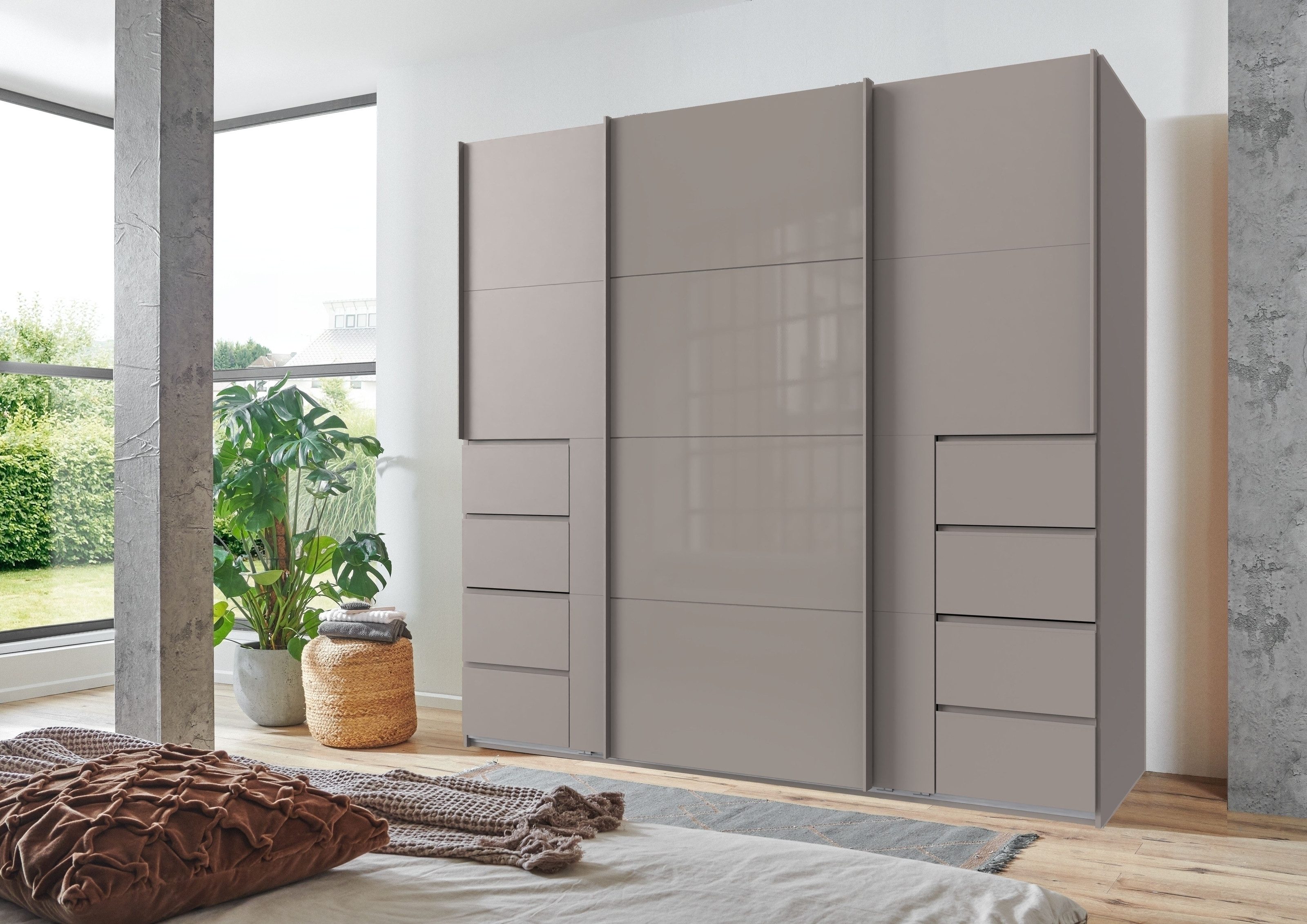 freiraum Schwebetürenschrank BALI in SAHARAGRAU + GLAS SAHARAGRAU - 225x208x64 (BxHxT)