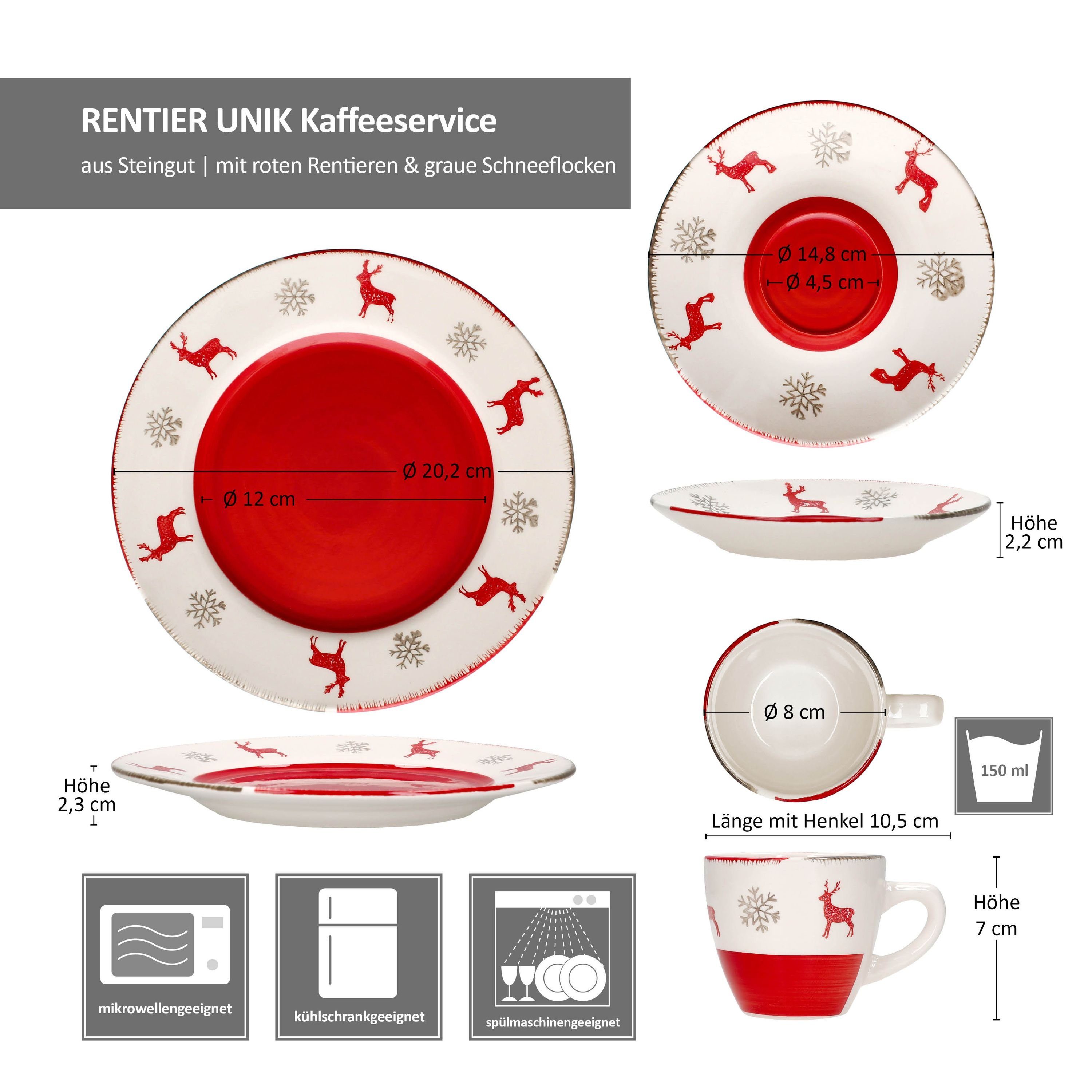 Rentier 18tlg MamboCat Kaffeeservice Weihnachten Steingut Kaffeeservice Unik 6 Teller, Pers. Steingut