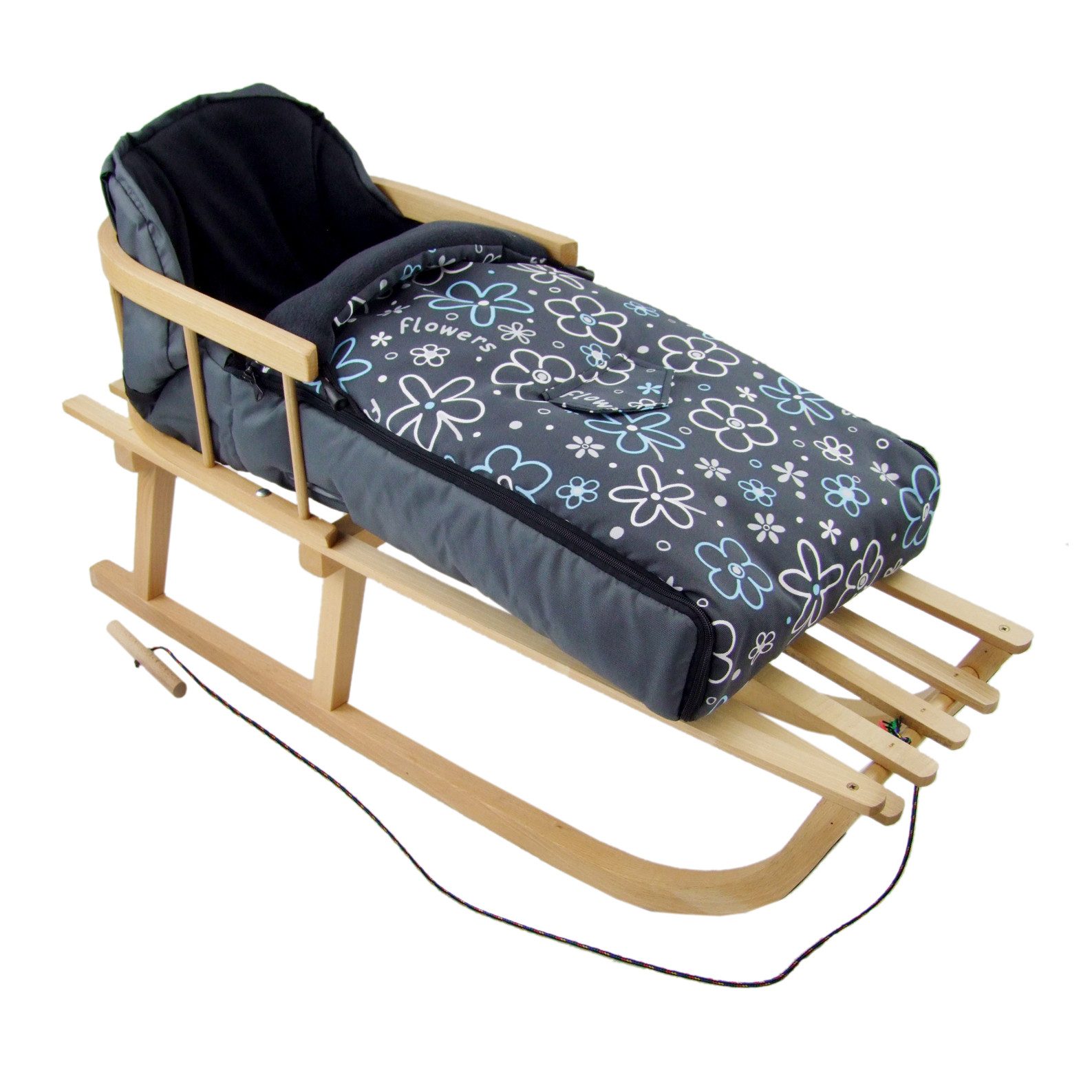 BambiniWelt by Rafael K. Davoser Санки HOLZSCHLITTEN mit Rückenlehne Zugleine + WINTERFUßSACK Fleece 108cm