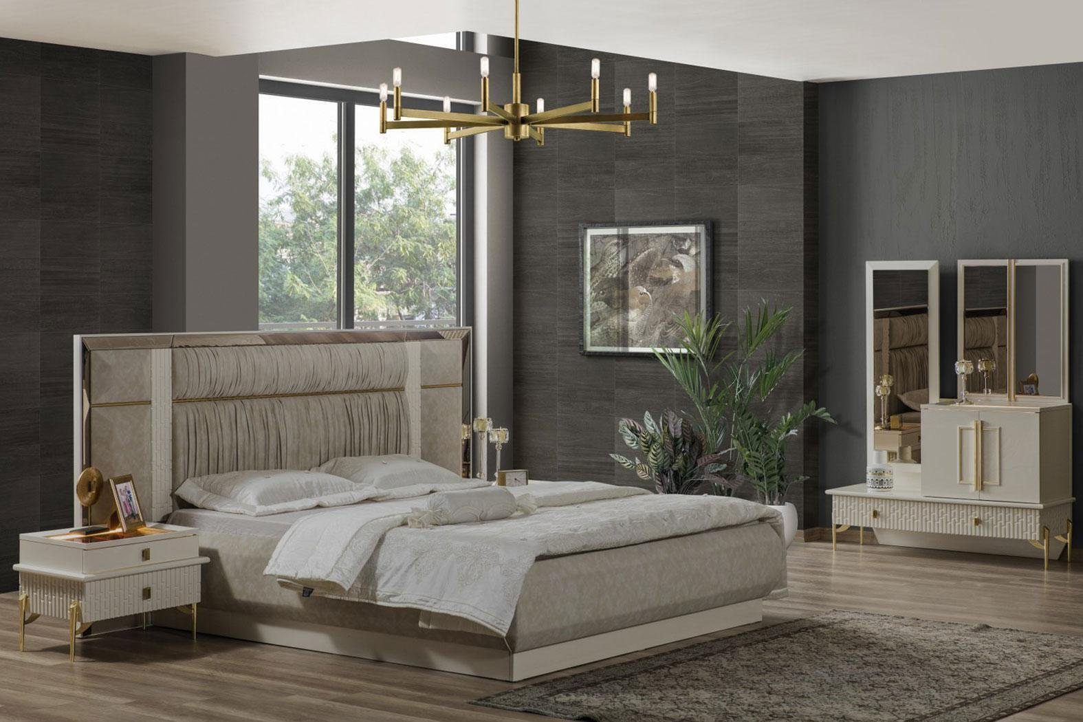 Schlafzimmer-Set Schlafzimmer Doppelbett Garnitur Holz Beige Stoff Nachttische Set 3tlg