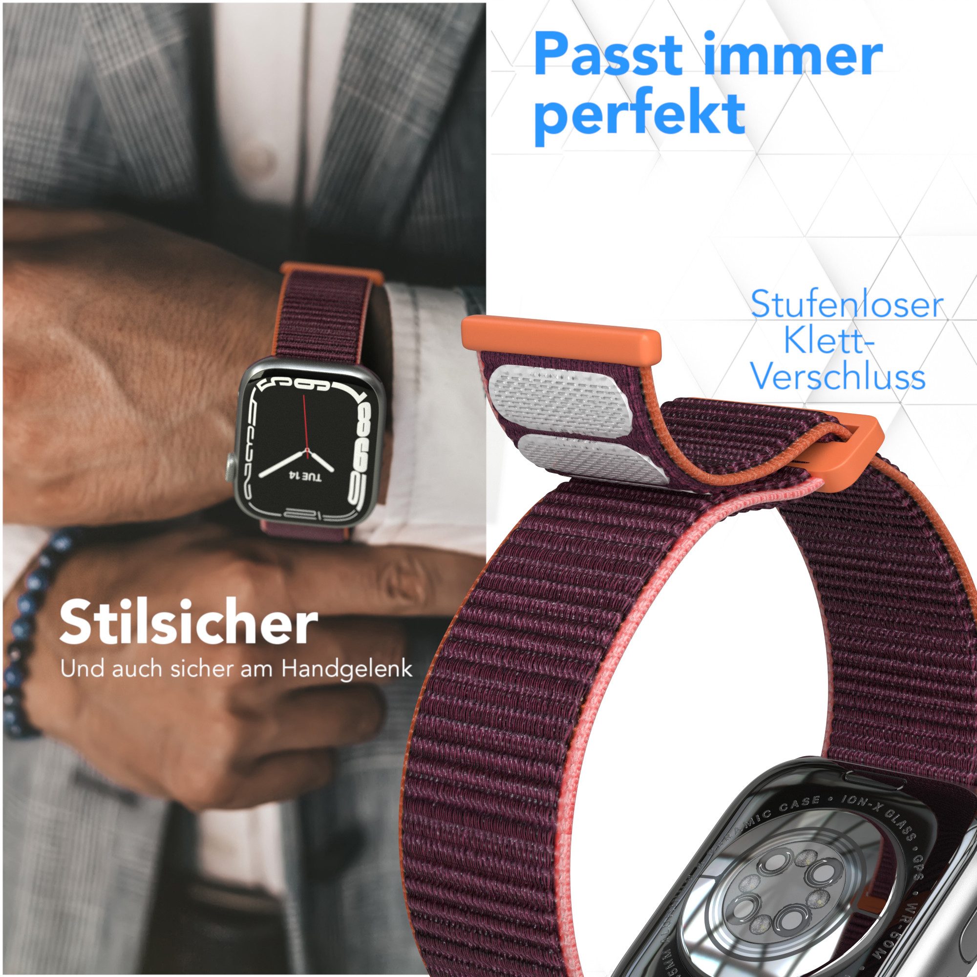 EAZY CASE Uhrenarmband Nylon Band für iWatch 11 10 9 8 7 6 5 4 3 2 SE Ultra, verstellbares Nylon Band 38-42mm Sportloop flexibel weich Beere Orange