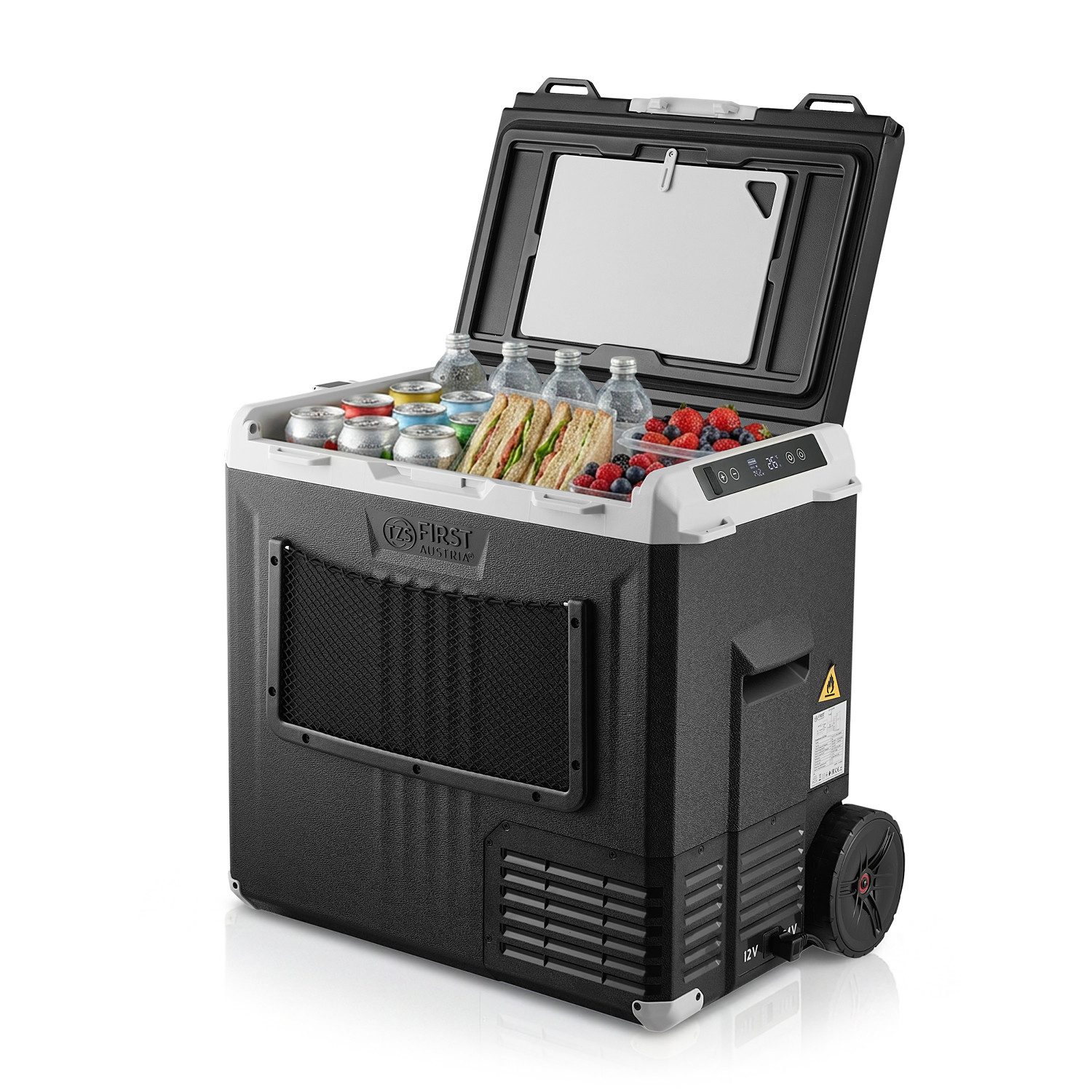 TZS FIRST AUSTRIA Elektrische Kühlbox Kompressor 50L, 12V / 230V Anschluss, App-Steuerung, Trolleyfunktion, Bis -20 °C, ECO & MAX Modus, inkl. Schneidebrett & Flaschenöffner