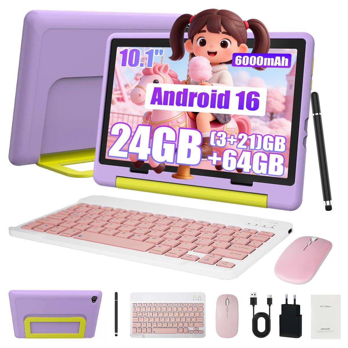 Happybe 10 Zoll 64GB/128GB Android 16 mit Hülle Kindersicherung WLAN Kinder Tablet (10.1", 64 GB, Android, 24(3+21)GB RAM, 6000 mAh)
