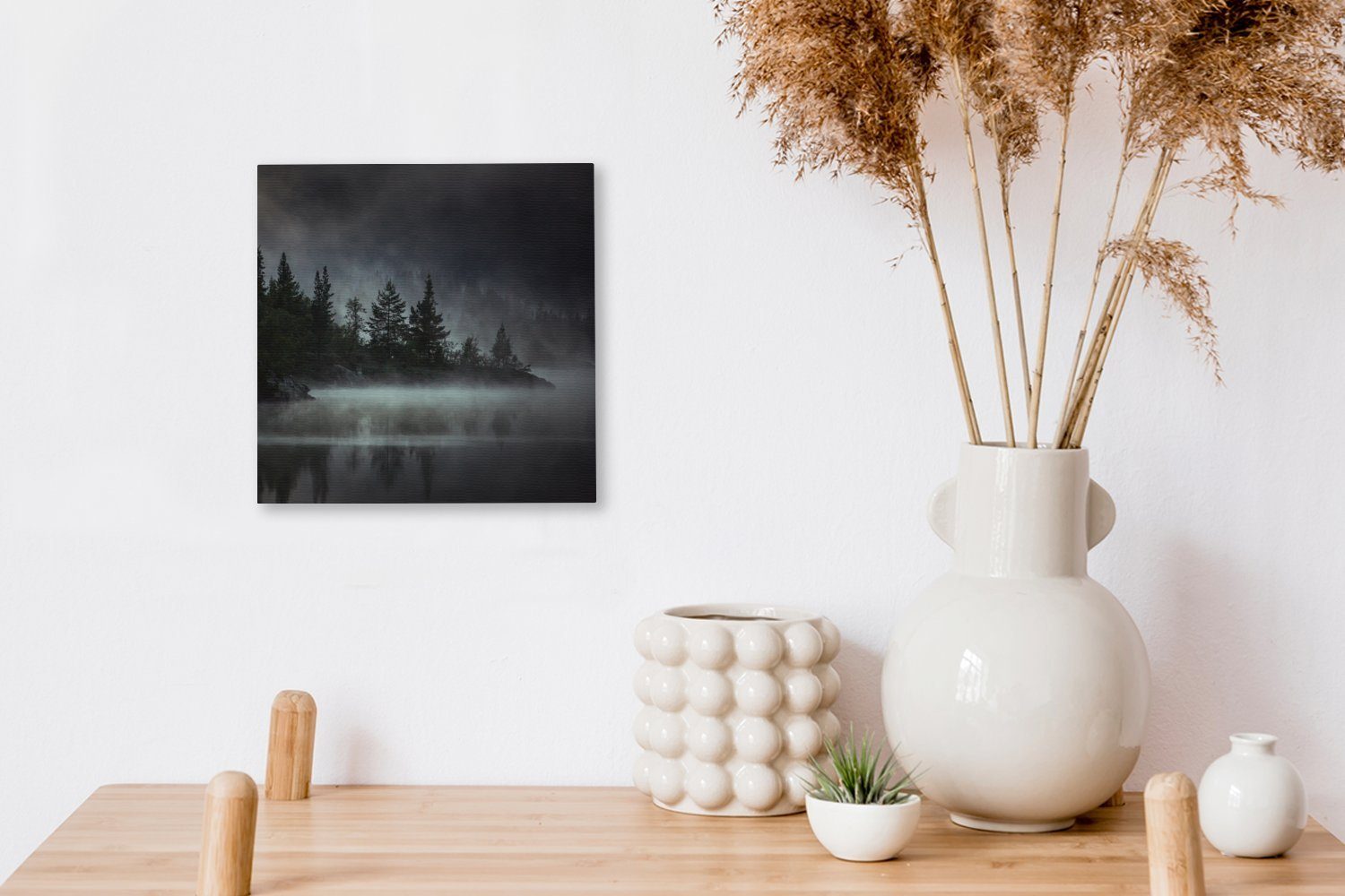 OneMillionCanvasses® Leinwandbild Wald - Nebel Leinwand Schlafzimmer Weiß, St), Bilder für Wohnzimmer - (1 - Schwarz
