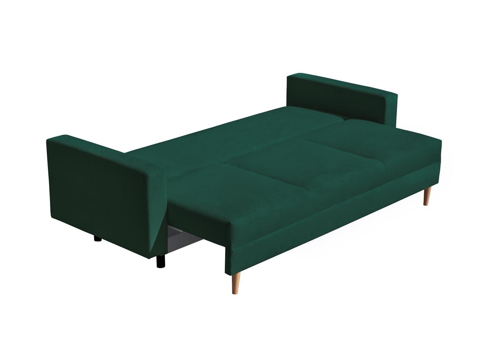 28) Sofa Design, MILAN, (trinity Holzbeine, Beautysofa mit Bettkasten, Flasches Relaxfunktion Wellenunterfederung, grün 3-Sitzer skandinavisches 3-Sitzer