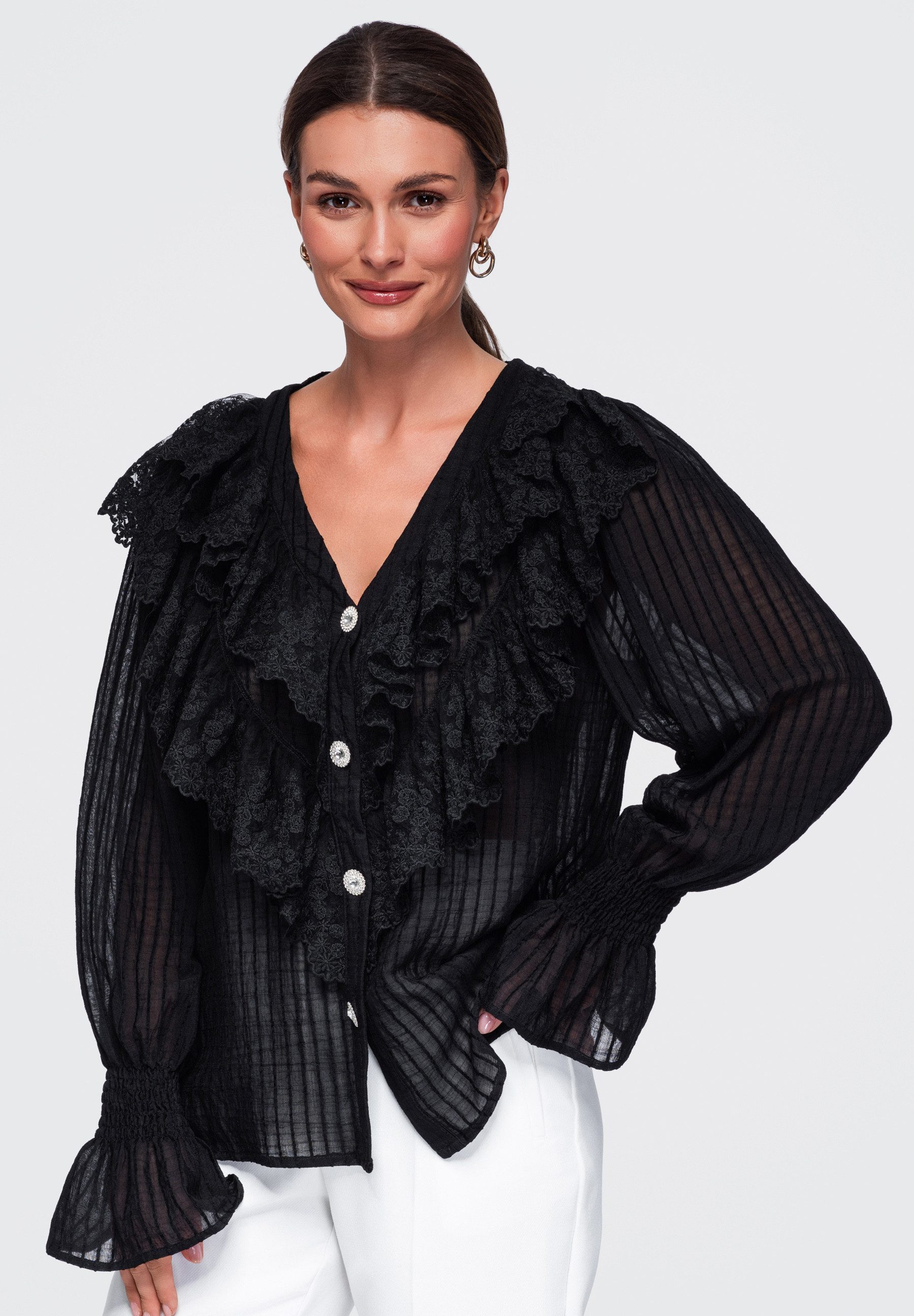 OMBRE Hemdbluse Damen Bluse mit V-Ausschnitt und Rüschen Schwarz L (kein Set, 1-tlg) in Unifarbe