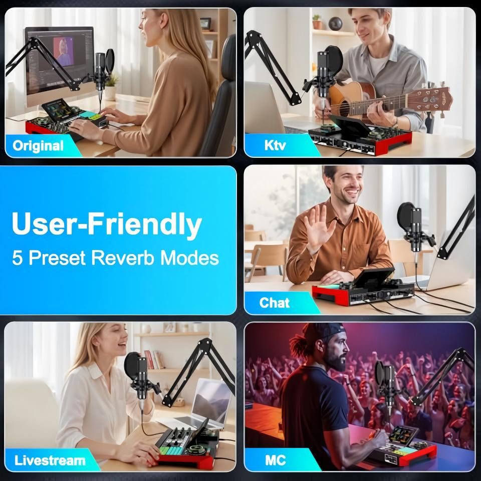 Tenlamp G10 Zehn Lampen Podcast- & Streaming-Set mit Mixer Soundkarte 7.1 Surround, USB-Plug-and-Play, Display, Stimmwechsel, Aufnahme, Hall