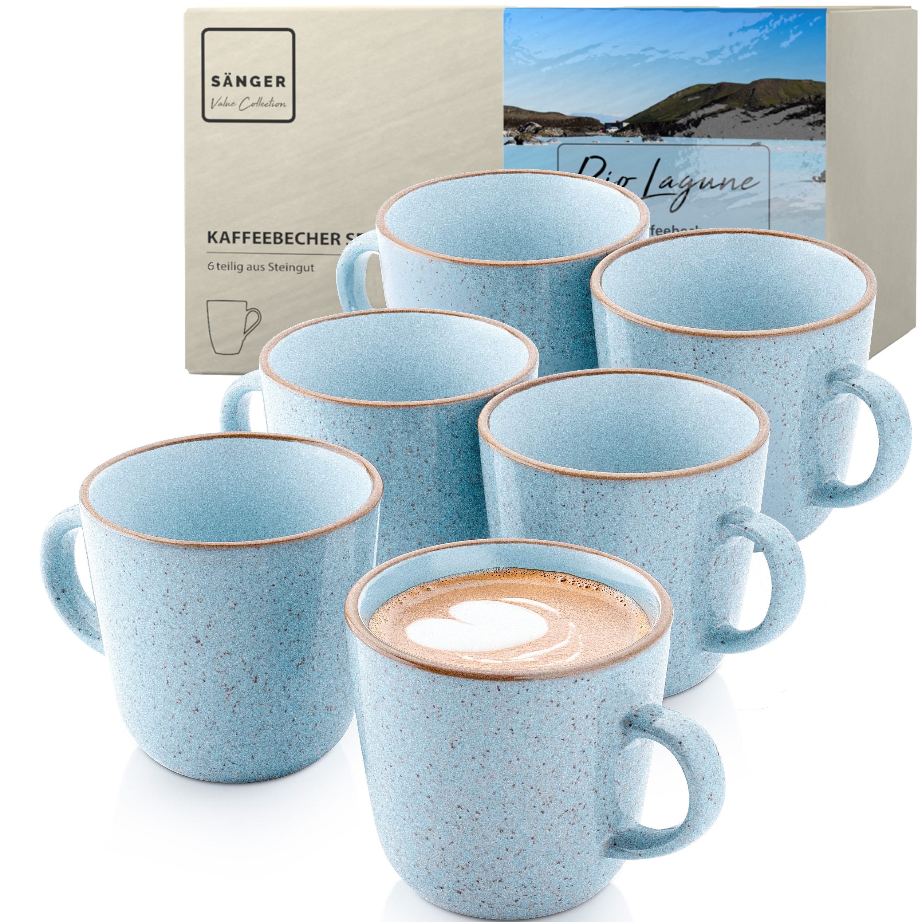 SÄNGER Becher Set Rio, 6-tlg., Steingut, 6 tlg. Rio Lagune Kaffeebecher, Blau, Handmade, VALUE COLLECTION