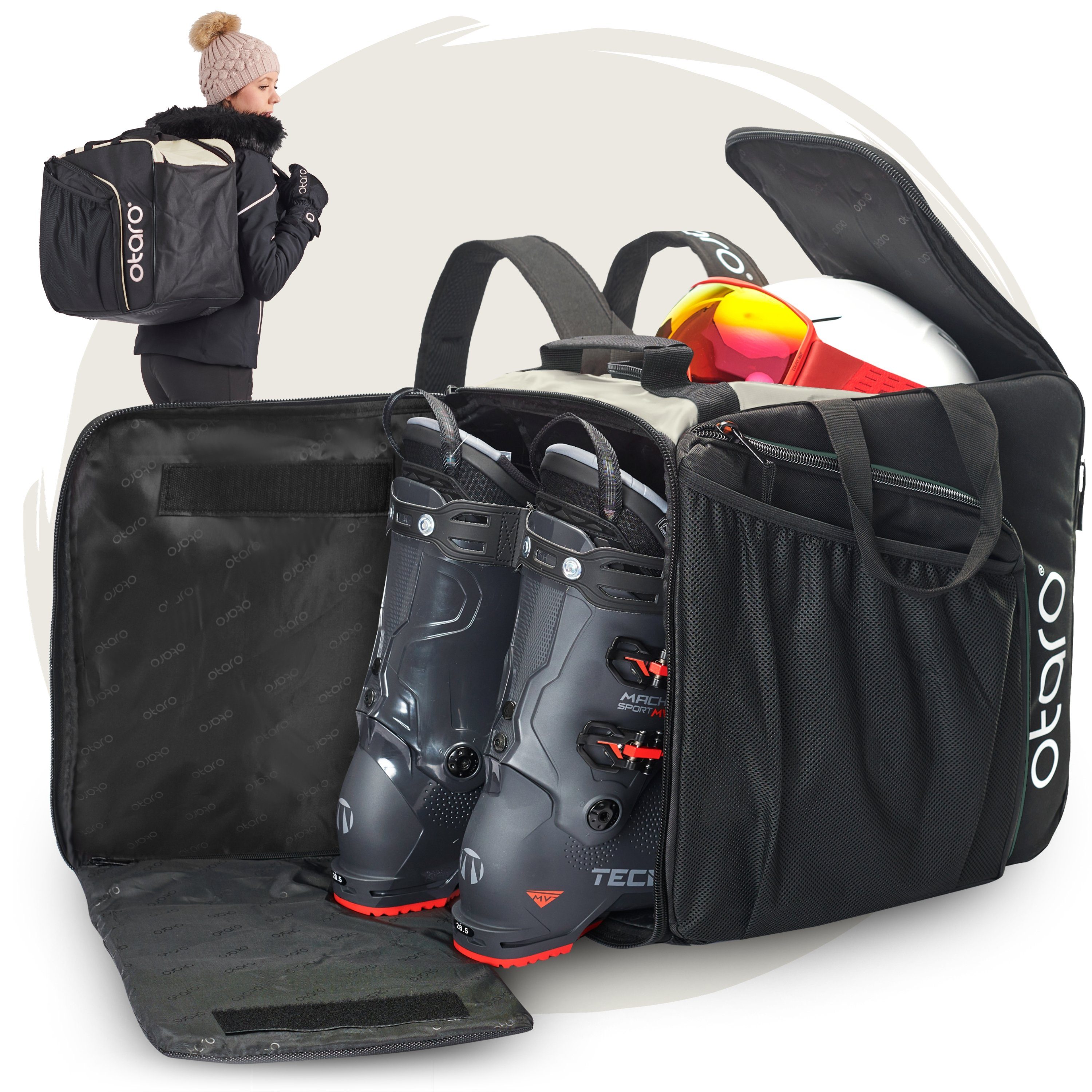 Otaro Sporttasche Skischuhtasche mit Helmfach & bequemen Rucksackträger, Pro 57L (Schutz für deine Ausrüstung, Perfekt durchdacht, ausklappbare Standfläche, für Skifahrer & Boarder) Schwarz Frostweiß