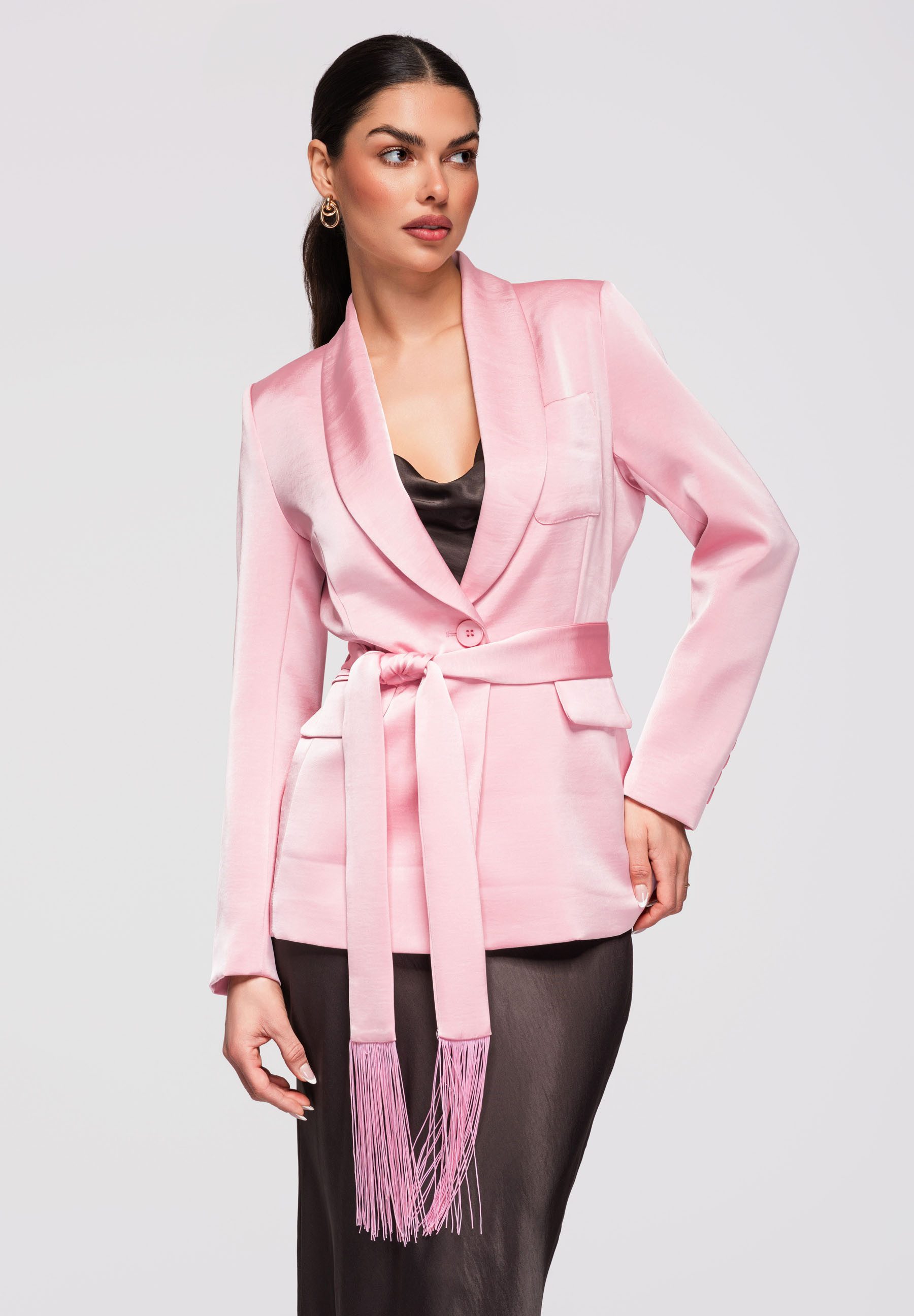 OMBRE Longblazer Damen Blazer Schalkragen Fransen Tailliert Pink M (kein Set, 1-tlg) Taillierter Schnitt mit Schalkragen und Fransen