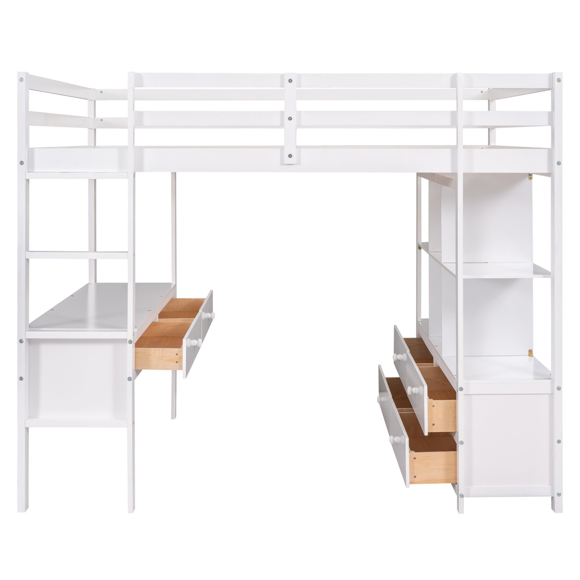 Fangqi Hochbett Großes Schreibtisch Hochbett, Jugendbett mit Schubladen Stauraum und Weiß