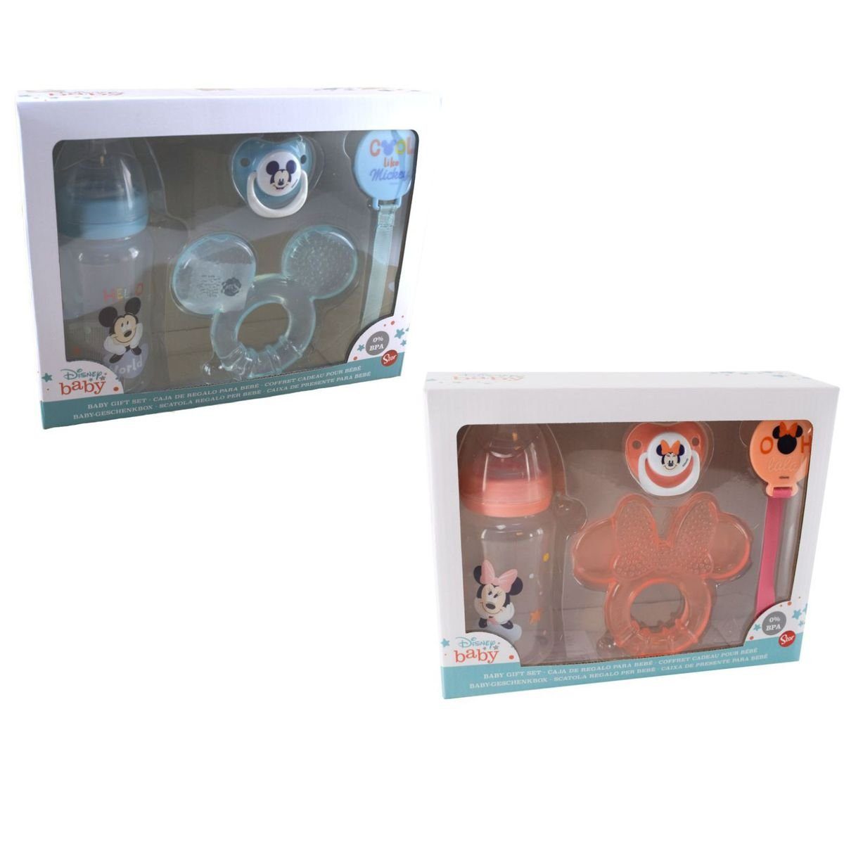 Stor Schnuller Set Disney Baby Mickey oder Minnie Mouse mit Beißring und Flasche, im Geschenkkarton