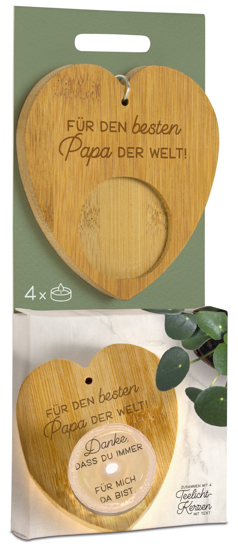 formano Teelichthalter Magic Kerze bester Papa der Welt Bambus-Holz-Herz 4 Teelichter (1 St), aus Bambusholz