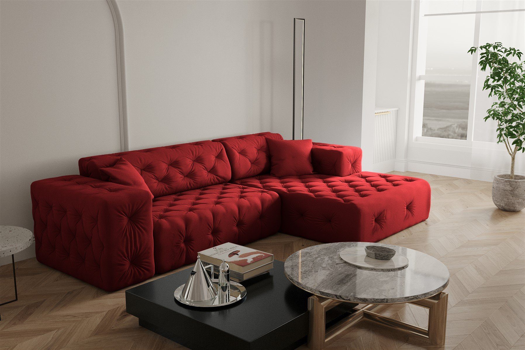 Fun Möbel Ecksofa Ecksofa Designersofa CHANTAL in Stoff Opera Velvet, mane Links oder Rechts, incl. 2 Zierkissen Rubinrot | Ecksofas