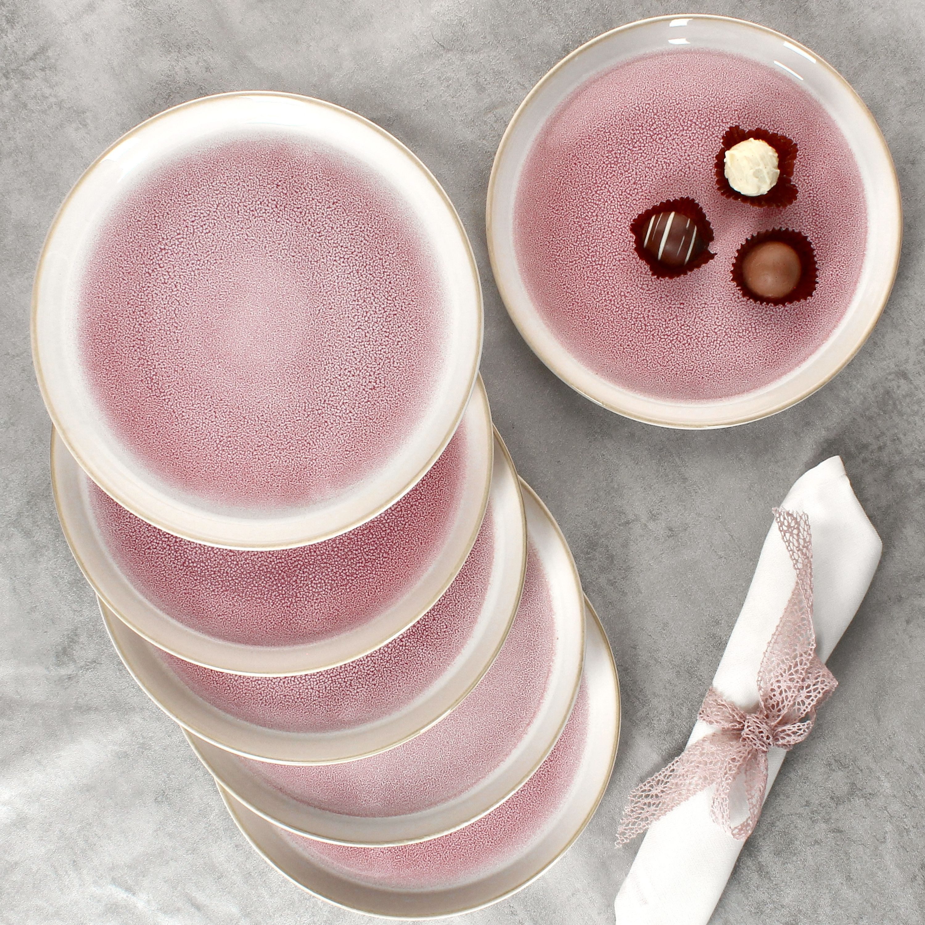 MamboCat Frühstücksteller 6x Reactive Glaze Paris Kuchenteller 6 Personen Creme Pink – Bild 5 von 5