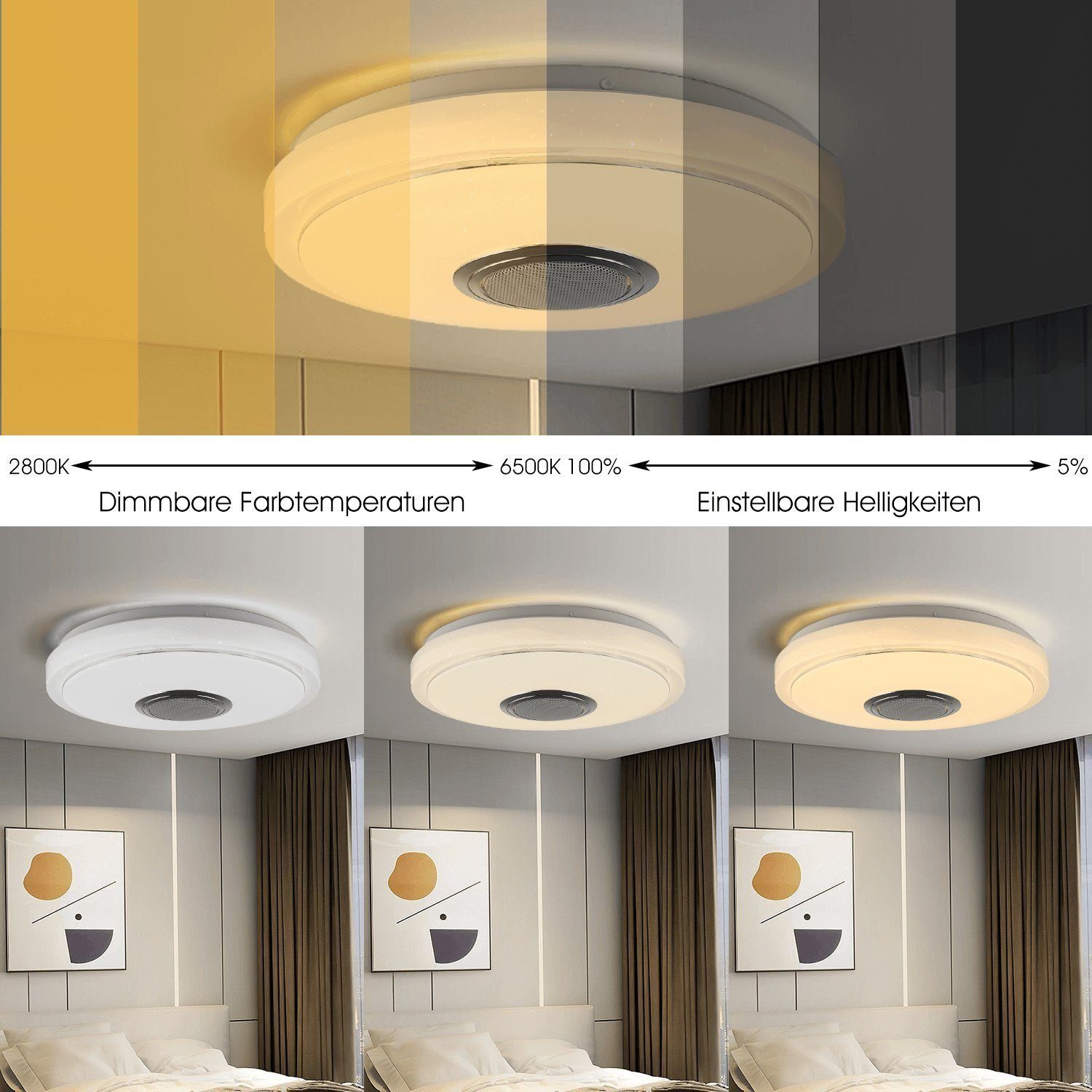 LETGOSPT Deckenleuchte LED Deckenlampe, mit Bluetooth Lautsprecher, RGB, Fernbedienung, APP, LED fest integriert, RGB, Tageslichtweiß, LED Deckenleuchte,Ø 30cm,für Badezimmer Schlafzimmer Wohnzimmer