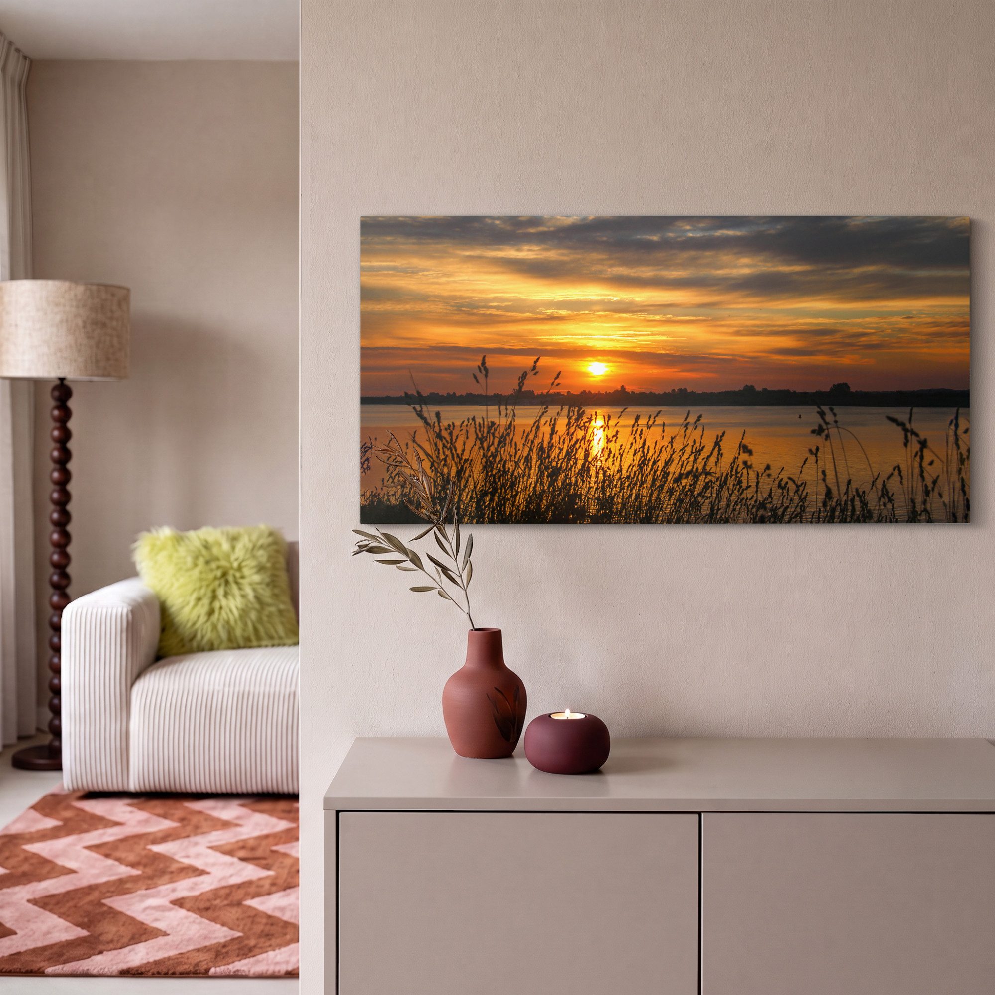 OneMillionCanvasses® Leinwandbild Panorama Sonnenuntergang - Meer - Horizont - Himmel - Pflanzen, Fotodruck (1 St), Wandbild, Deko Schlafzimmer Wohnzimmer Flur  – Bild 2 von 5