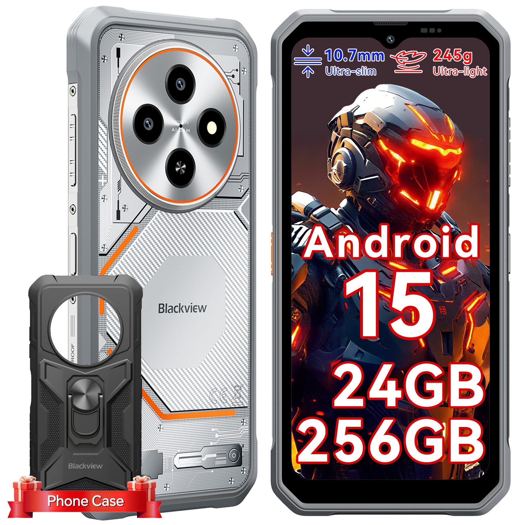 blackview FORT 2 Ultradünnes Robustphone: Nur 10.7mm, AI-Dreifachkamera Smartphone (6.56 Zoll, 256 GB Speicherplatz, DokeOS 5.0, Android 15, 24GB, 16MP, 5W OTG)