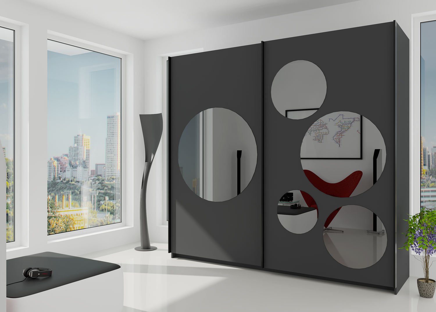 Feldmann-Wohnen Schwebetürenschrank Spot 219x62x206cm 2-türig mit runden  Spiegelelementen, Griffleisten schwarz, Spiegelelemente grau abgedunkelt | Schwebetürenschränke