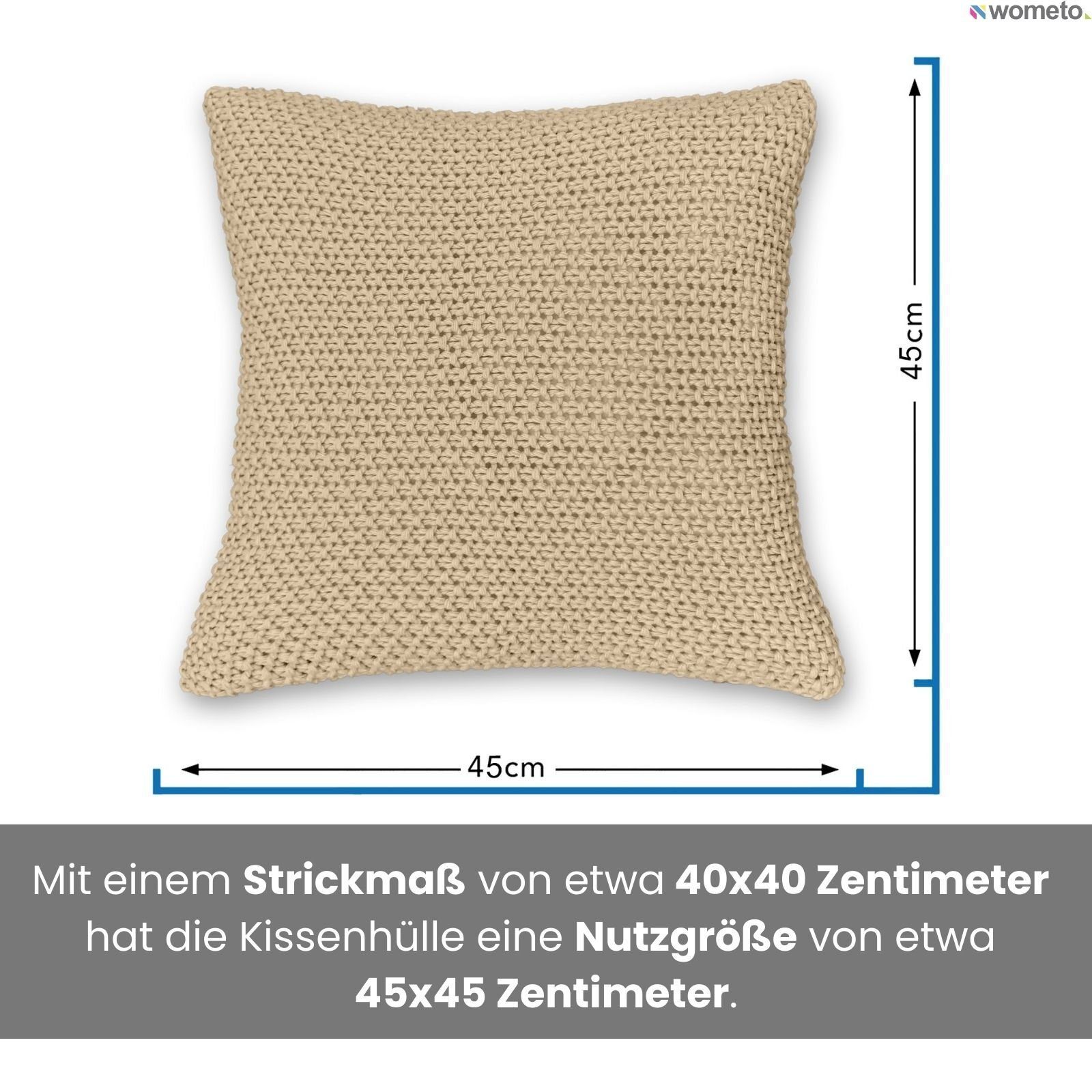 mit Stück) Reißverschluss, Kissenhülle (2 cm, beige Strick wometo 45x45