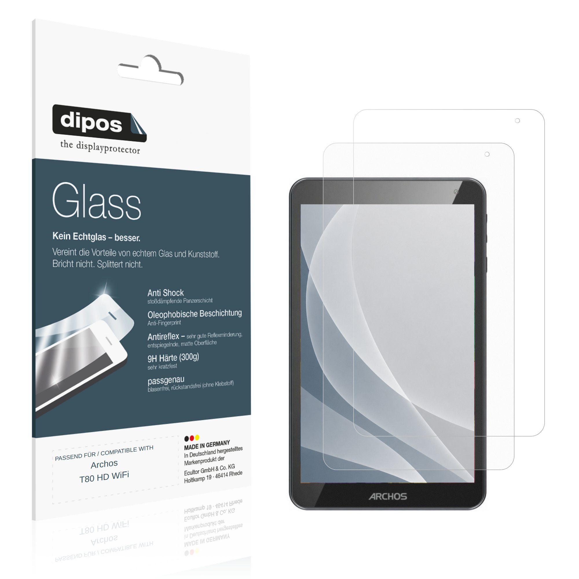 dipos Displayschutzfolie Schutzfolie für Archos T80 HD WiFi, 2 Stück, Displayschutz Schutz Folie Made in Germany