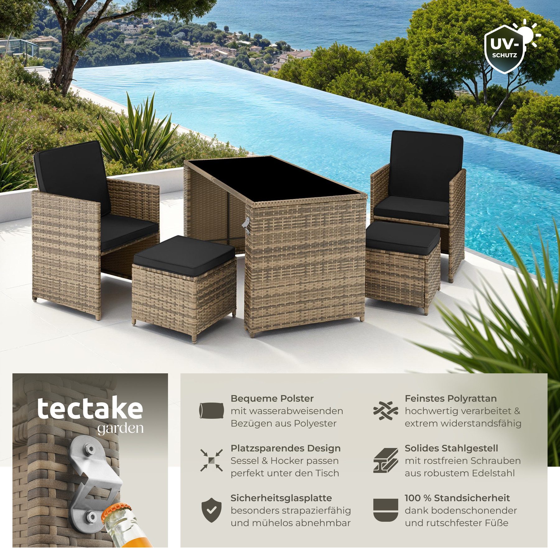 tectake Sitzgruppe Rattan-Gartenlounge für 2 bis 4 Personen, inklusive Flaschenöffner, (Loungeset Palermo, 5-tlg., für Außen in Naturfarben), widerstandsfähig, UV-beständig, mit Sicherheitsglasplatte