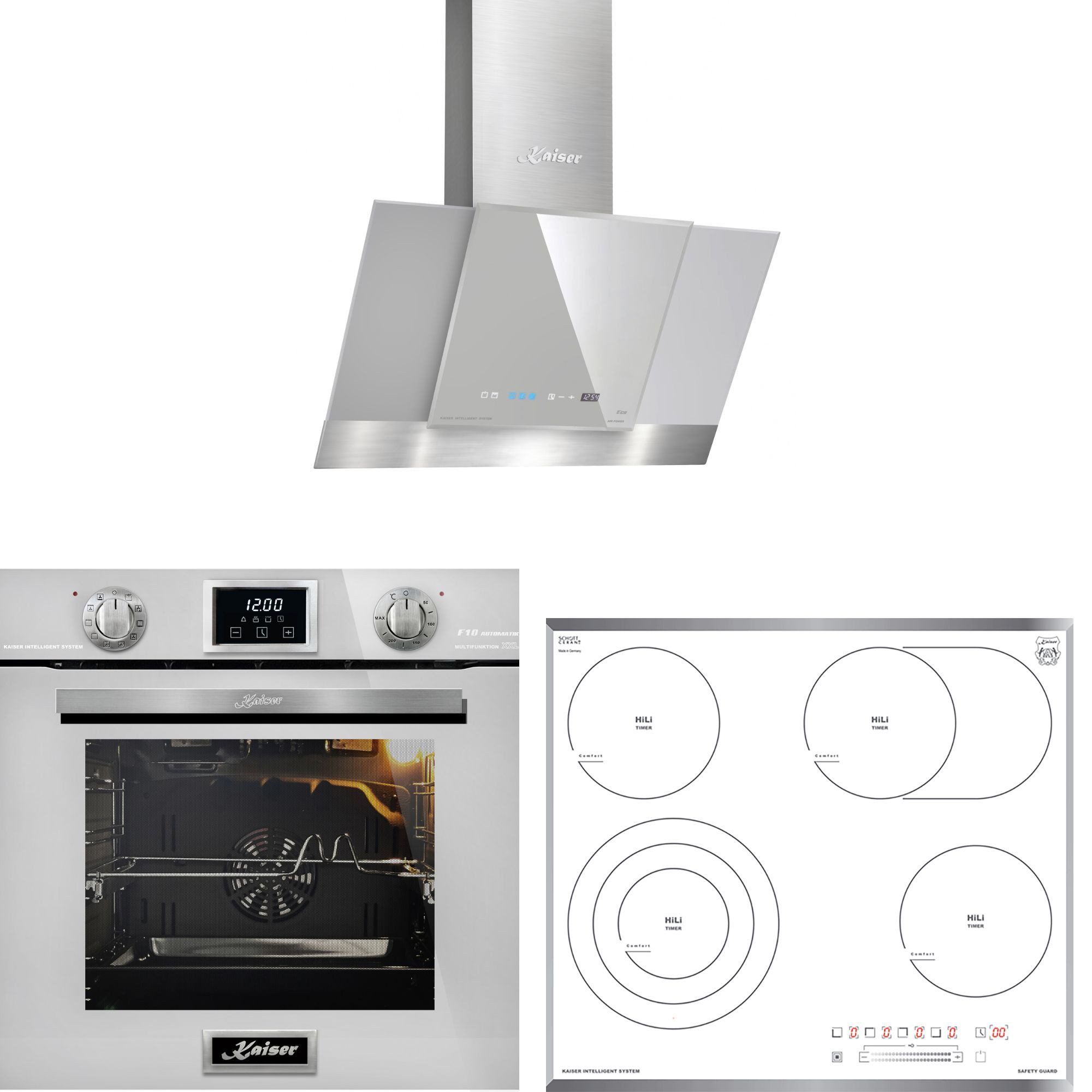 Kaiser Küchengeräte Backofen-Set Herd Set Autark Einbau Backofen 79L Selbstreinigung Drehspieß 10 Fkt. 60 cm mit Weißes Glaskeramikkochfeld 60 cm+Dunstabzugshaube 60 cm, 910 m³/h EH 6326 W+KCT 6715 FW+AT 6438 FW, mit 1-fach-Teleskopauszug