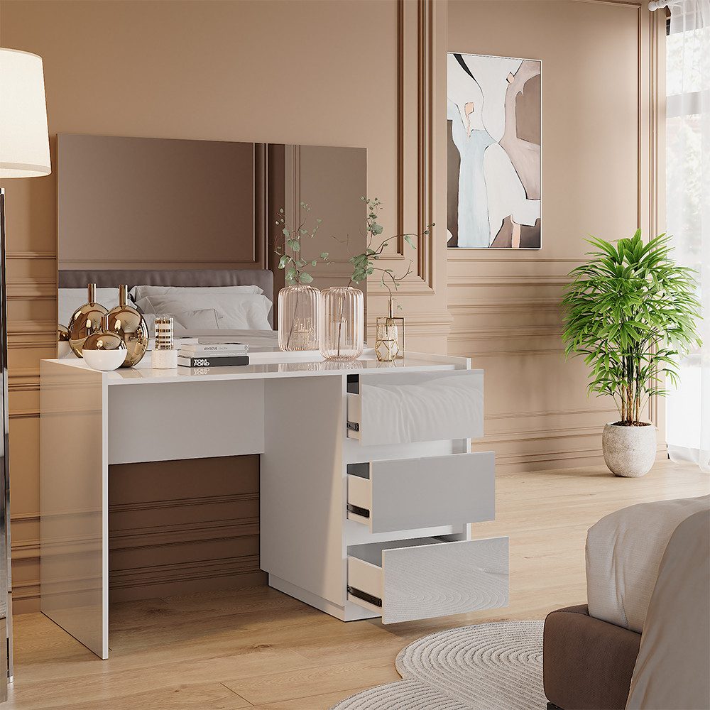 Vicco Schminktisch Marla, Weiß Hochglanz, 120 cm mit 3 Schubladen und Spiegel (2-St)