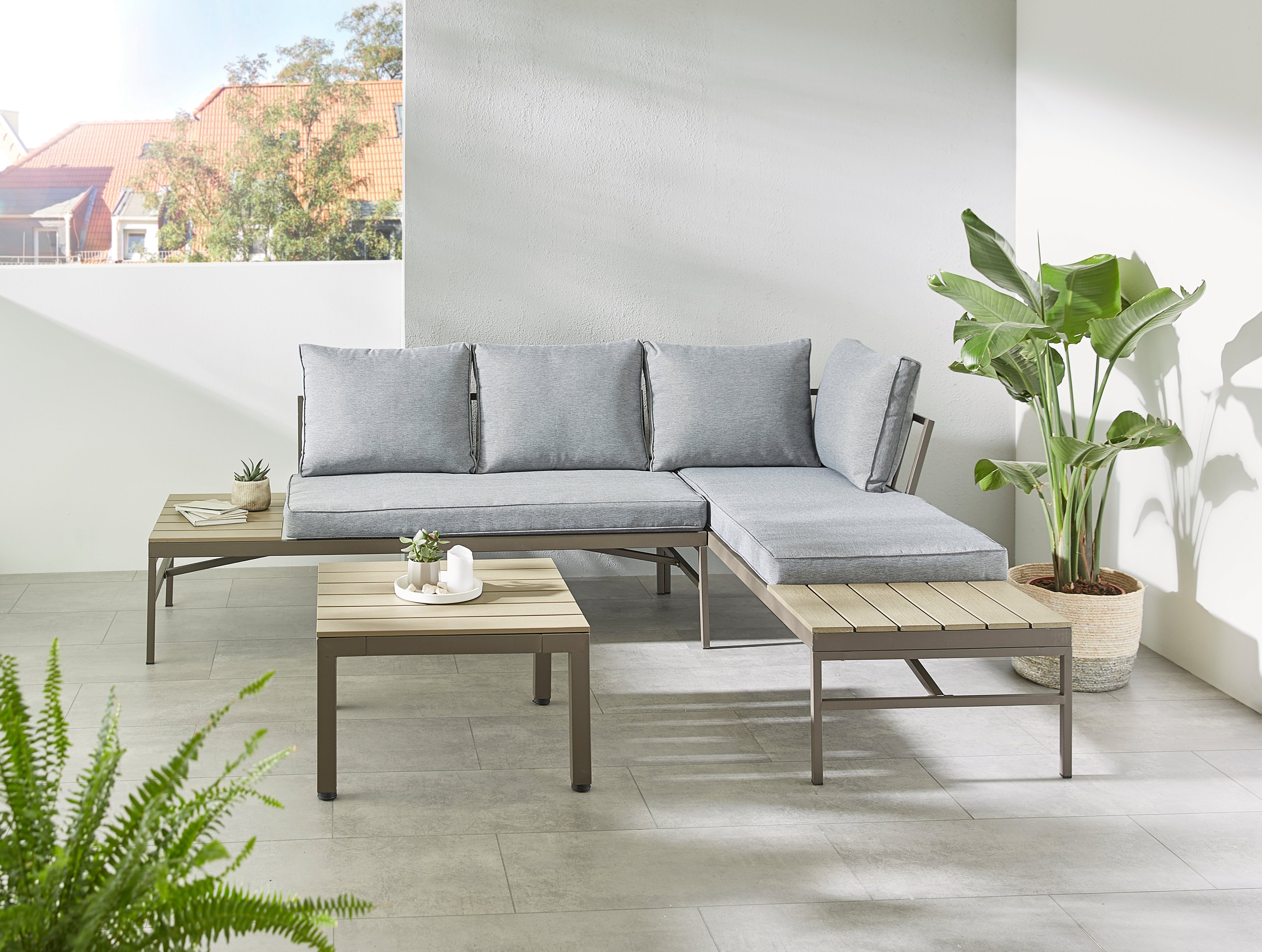 KONIFERA Gartenlounge-Set Badalona, (Set, 9-tlg., 2x Bank, 1x Tisch 57x57x35cm, inkl. Auflagen, Nonwood, Stahl), 2 Sofa mit Rückenlehne+Ablagefläche, verschiedene Stellmöglichkeiten