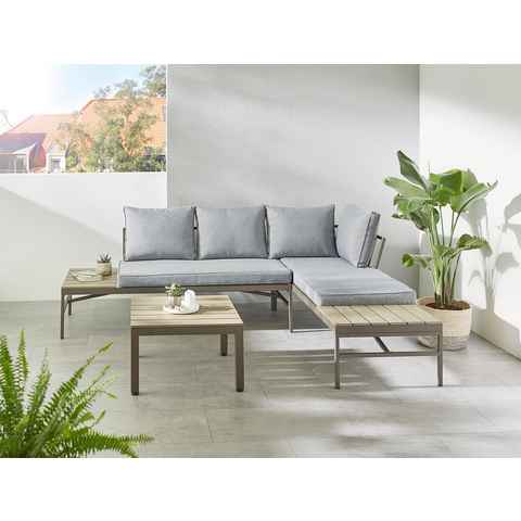 KONIFERA Gartenlounge-Set Badalona, (Set, 9-tlg., 2x Bank, 1x Tisch 57x57x35cm, inkl. Auflagen, Nonwood, Stahl), 2 Sofa mit Rückenlehne+Ablagefläche, verschiedene Stellmöglichkeiten