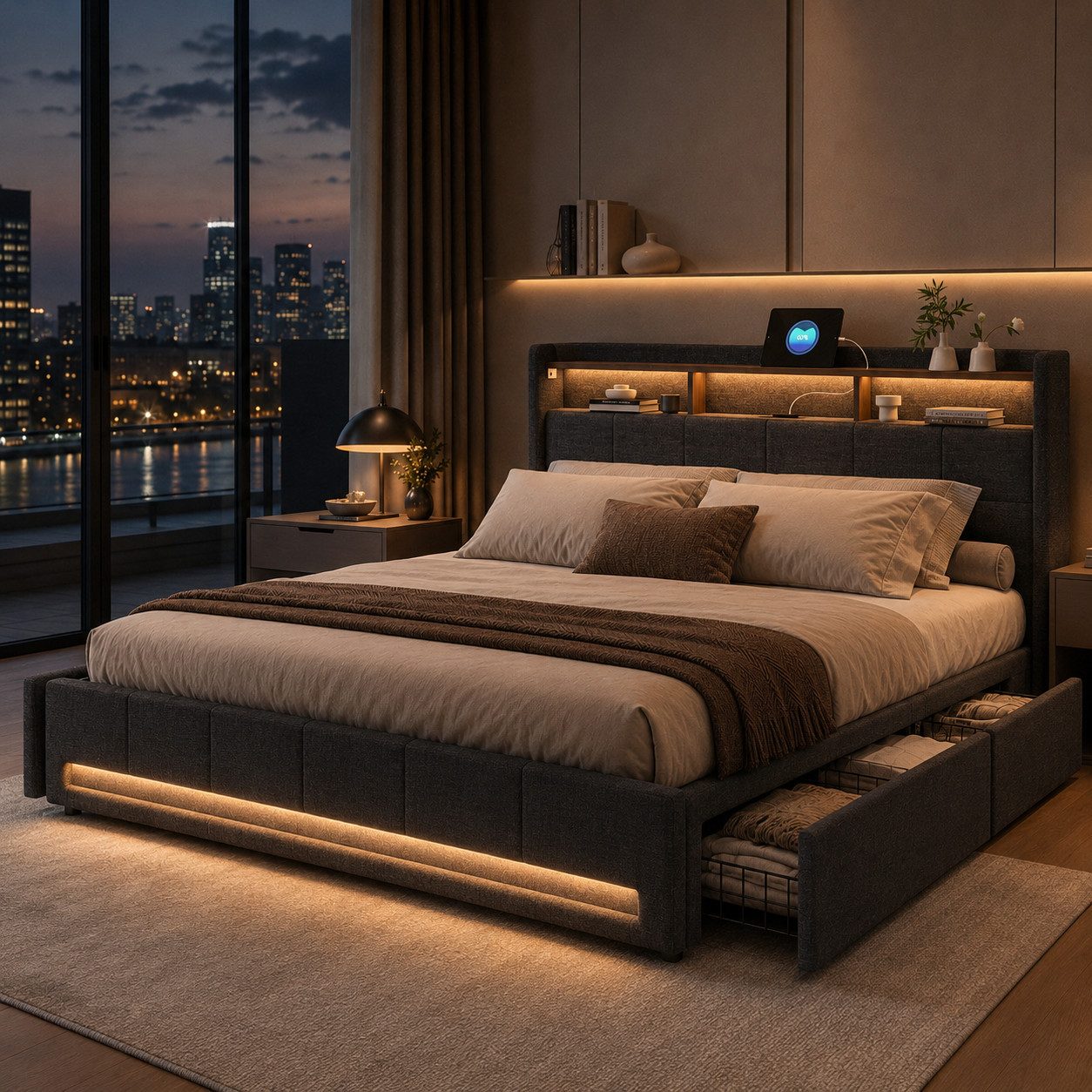 Simurq Polsterbett Stauraumbett 140x200 cm, Doppelbett mit 4 Schubladen, LED (Bettgestell mit Lattenrost)