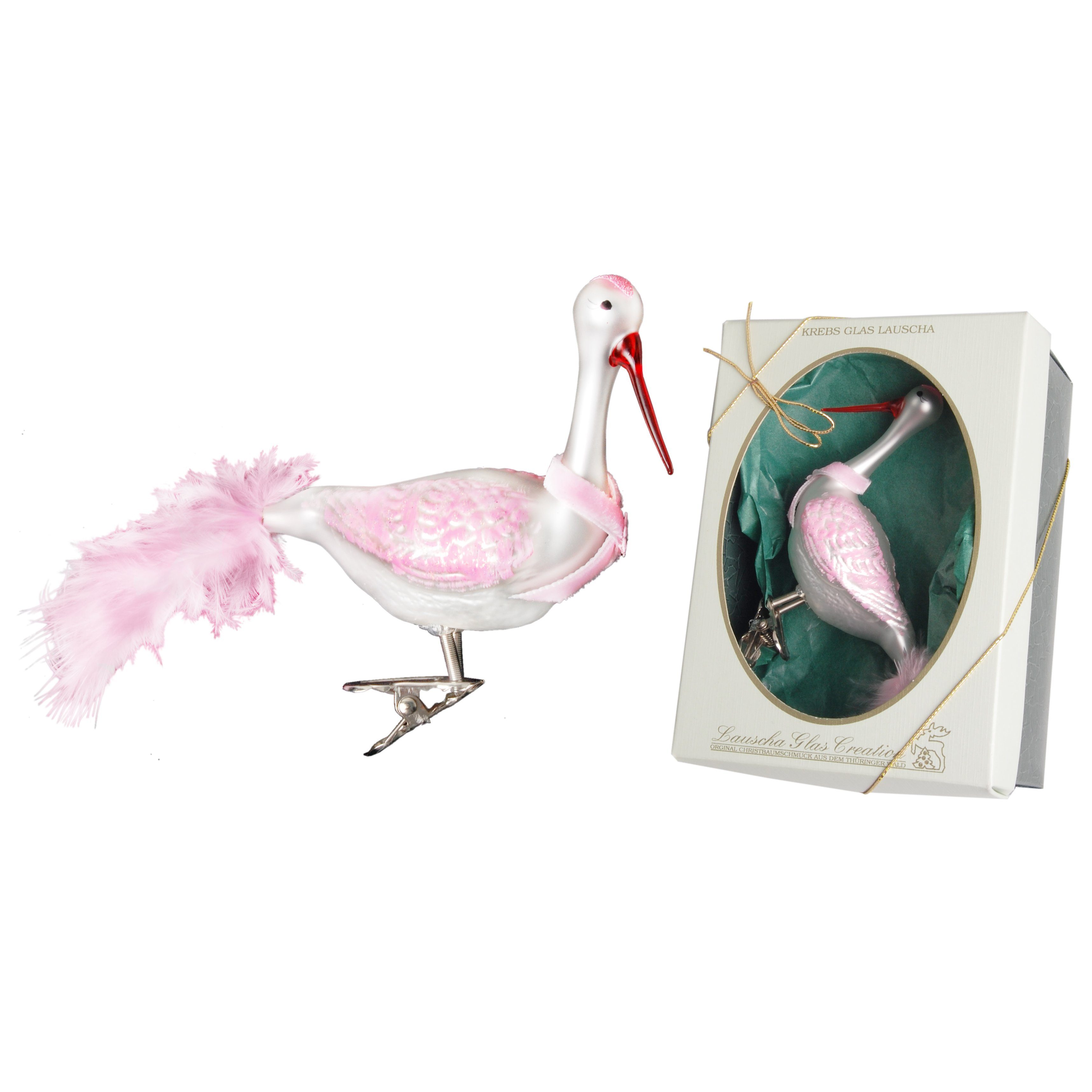 Rosa Krebs Storch Weiß Schleife / mundgeblasenem 12cm auf mit (1-tlg) rosa Lauscha Glas Glas Christbaumschmuck aus