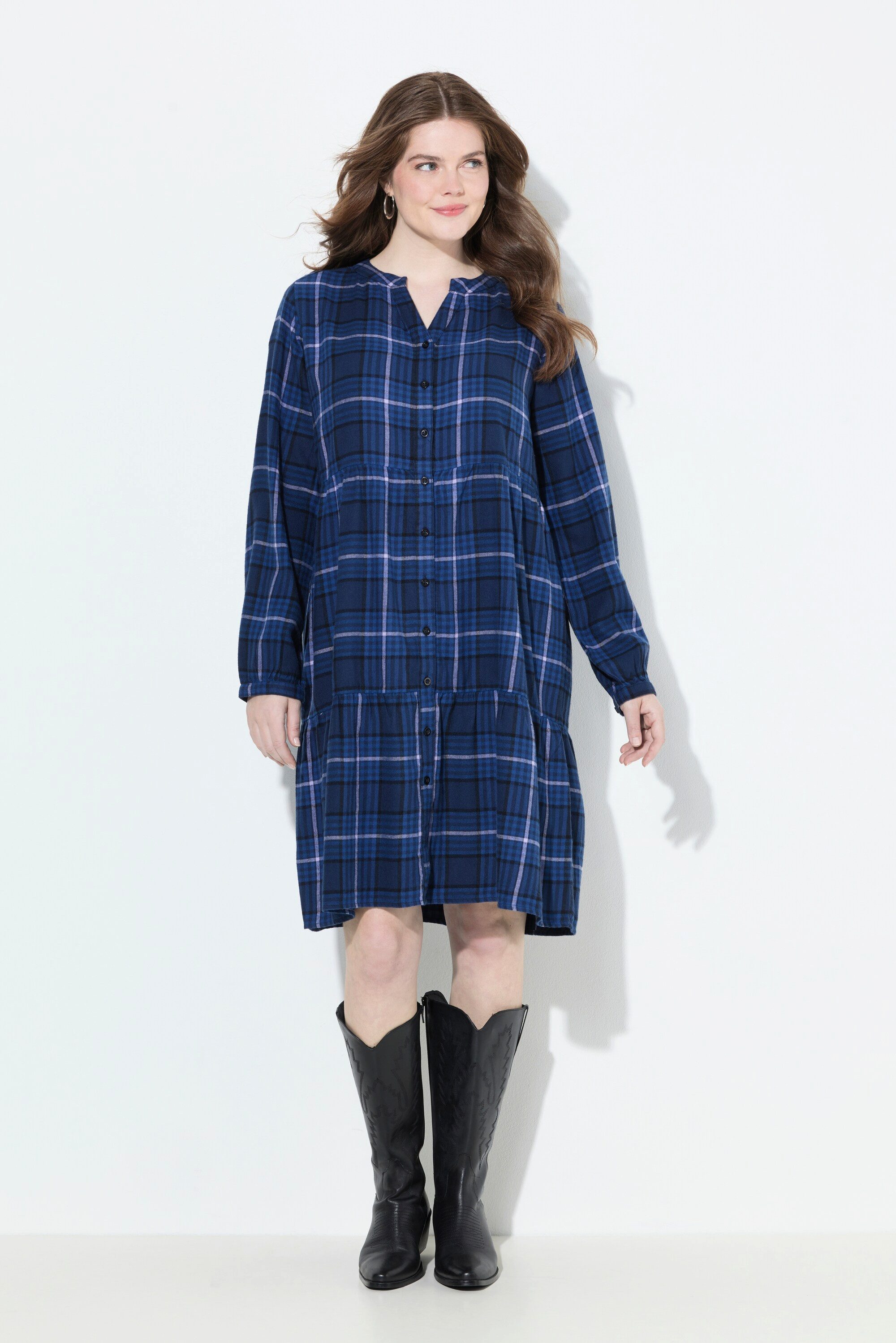 Ulla Popken Midikleid Karokleid Volants A-Linie Tunika-Ausschnitt günstig online kaufen