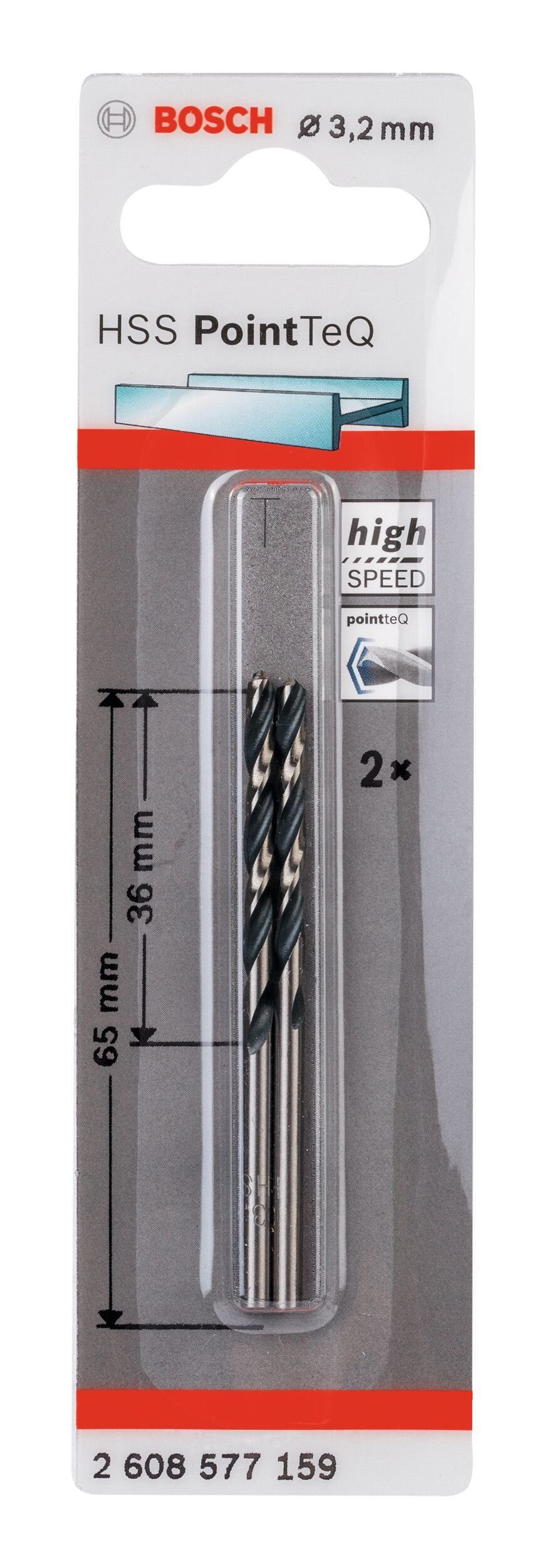 mm 3,2 2er-Pack (DIN HSS Metallspiralbohrer - Metallbohrer, (2 - Stück), BOSCH PointTeQ 338)