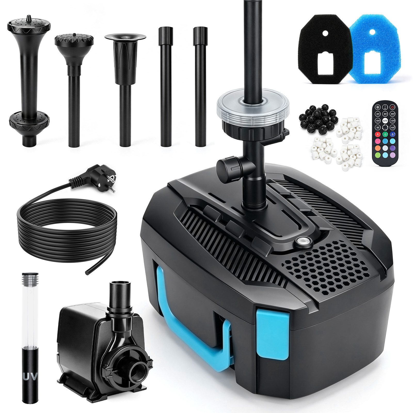 XERSEK Gartenbrunnen 45W 3000L/H LED Springbrunnenpumpe mit Teichfilter UVC-Klärer 3 Düsen, (Wasserpumpe mit 6M Kabellänge), Fontäne für Gartenteich, Wasserfall