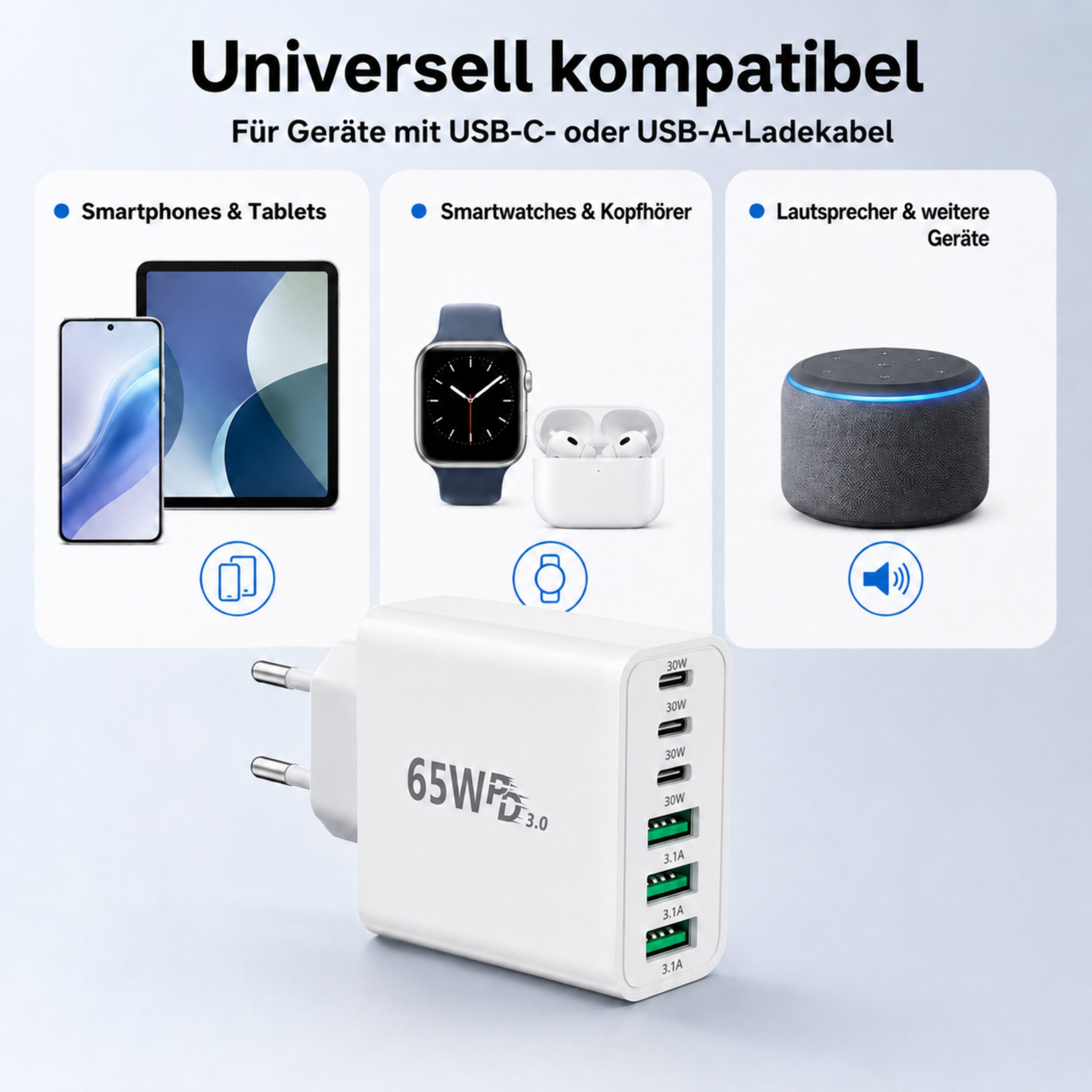 PlugUp 65W Ladegerät 6-Port 30W Schnellladeadapter mit USB-C Ladekabel USB-Ladegerät (3100 mA, Set, Inkl. USB-C Ladekabel, Universelles Schnellladegerät mit USB – Bild 4 von 5