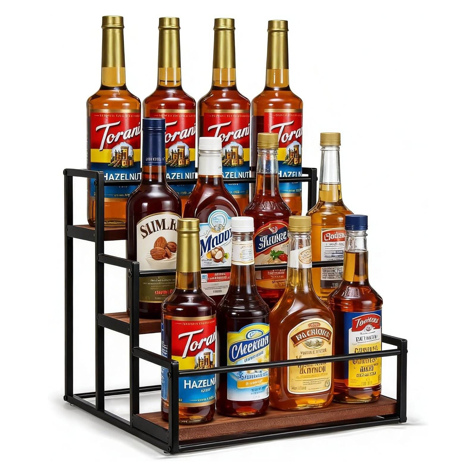 BlingBin Weinregal 3 Stufen Flaschenregal Flaschenständer Lagerregal Kaffeesirup, Produktabmessungen: 34T x 33B x 34H cm 1-tlg., Weinständer aus Holz mit Tablett für Spirituosenflaschen, Getränke