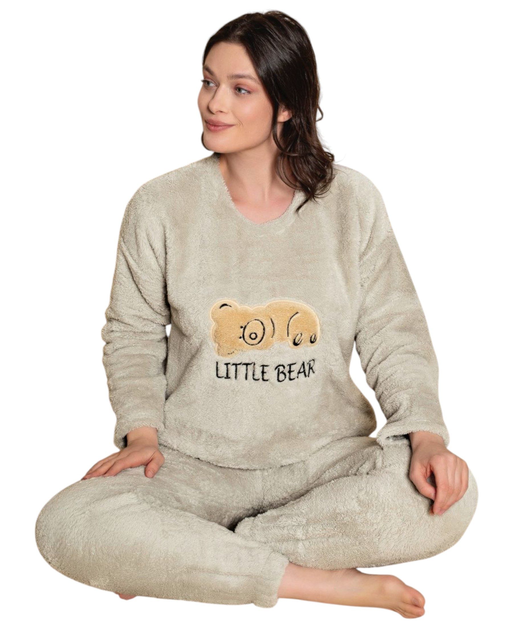 fashionshowcase Hausanzug Damen Winter Pyjama Set Schlafanzug Plüsch Zweiteiler weich