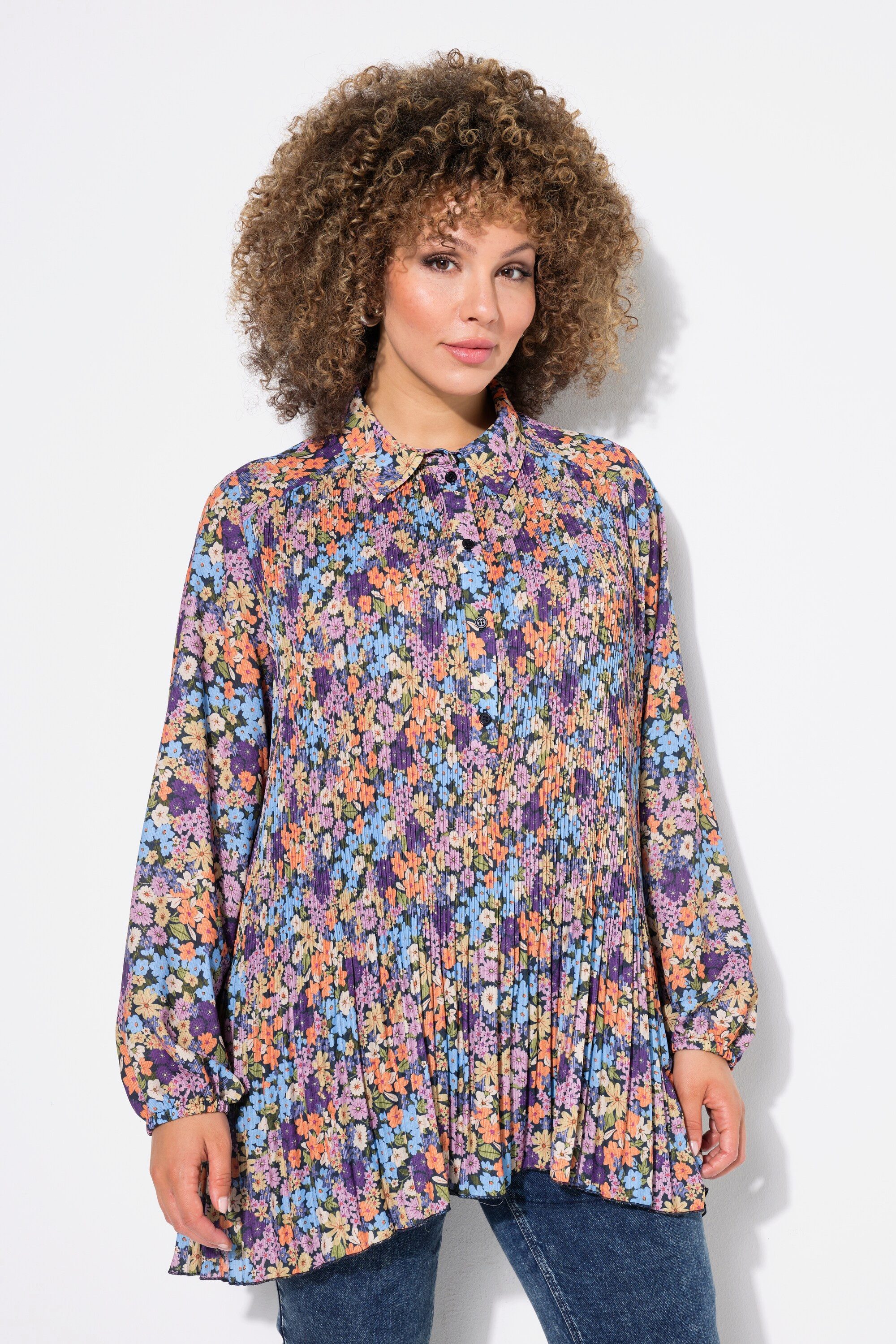 Longbluse Plissee-Bluse Blüten A-Linie Hemdkragen Langarm