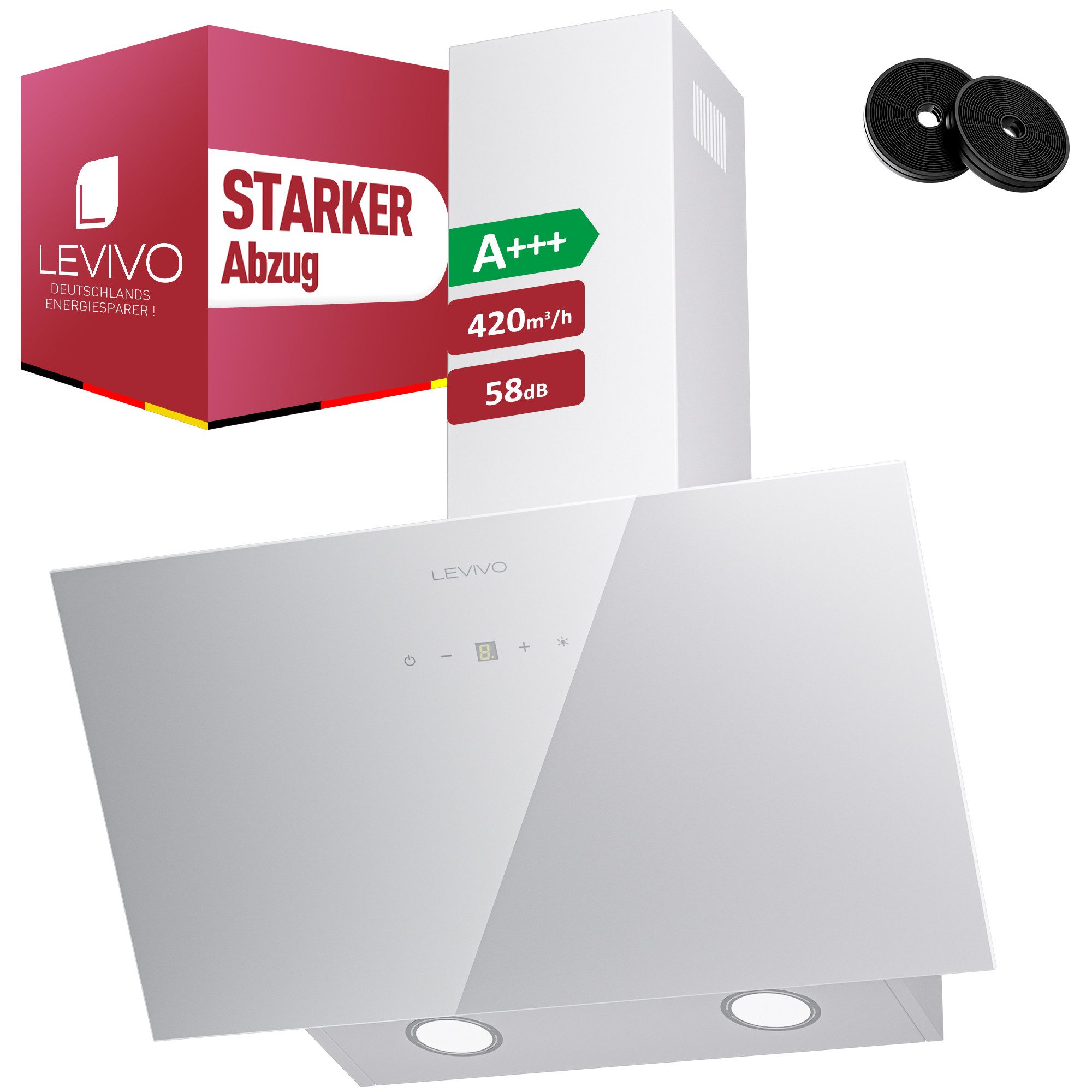 Levivo Kopffreihaube A+++ 420 m³/h Dunstabzugshaube 60cm Umluft & Abluft A+++ 420 m³/h Dunstabzugshaube 60cm Umluft & Abluft, Aktivkohlefiltern, Fettfiltern, LED-Beleuchtung