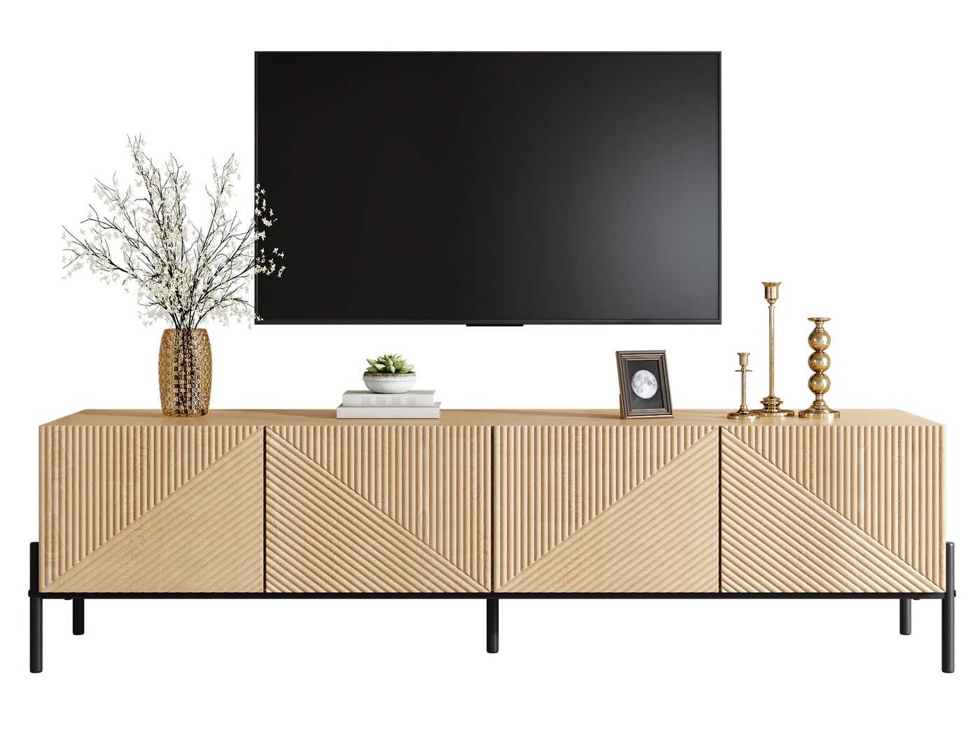 SeedWave Lowboard TV-Schrank in Holzoptik, mit 4 Grifflosen Türen, Stauraum, Eisenbeinen, 163cm Fernsehschrank mit Kabeldurchführung