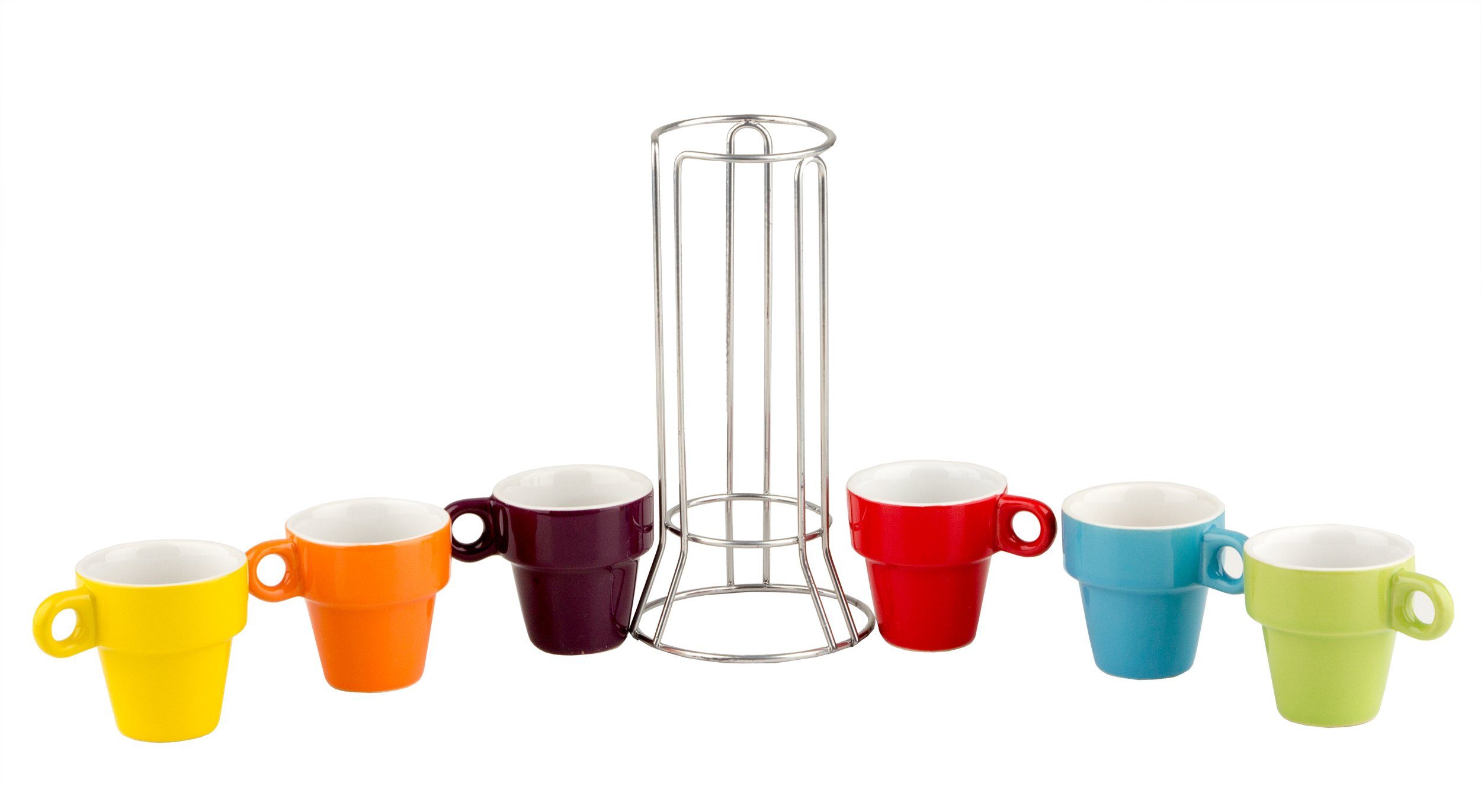 Out of the Blue Espressotasse Set 6 Kaffeetassen - regenbogenfarbig mit Ständer, bunt, Minitassen, Keramik