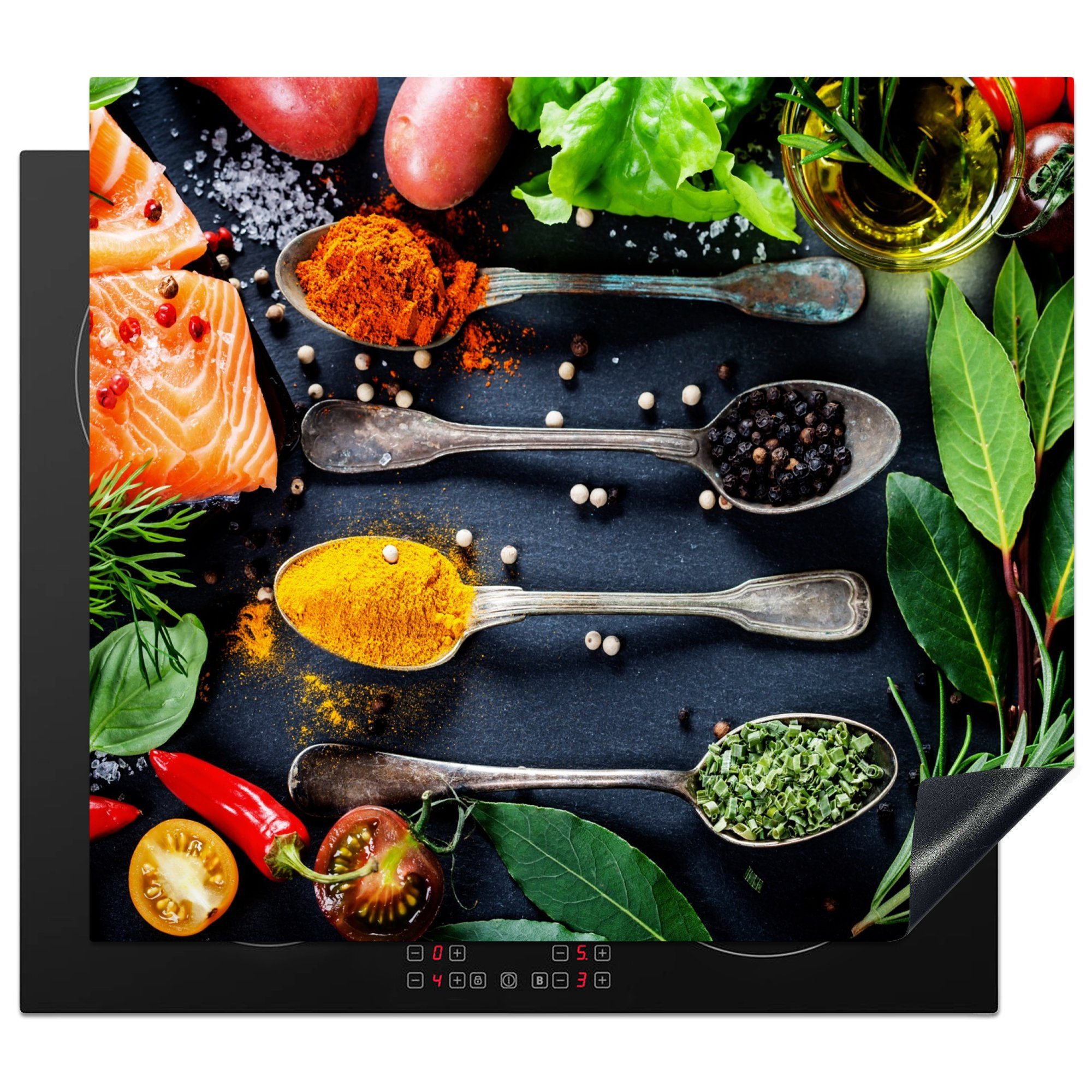 MuchoWow Herd-Abdeckplatte Kräuter - Löffel - Küche - Gewürze, Vinyl, (1 tlg), Cerankochfeld Abdeckung, Herd Abdeckplatten Vinyl, 58.3x51.3 cm