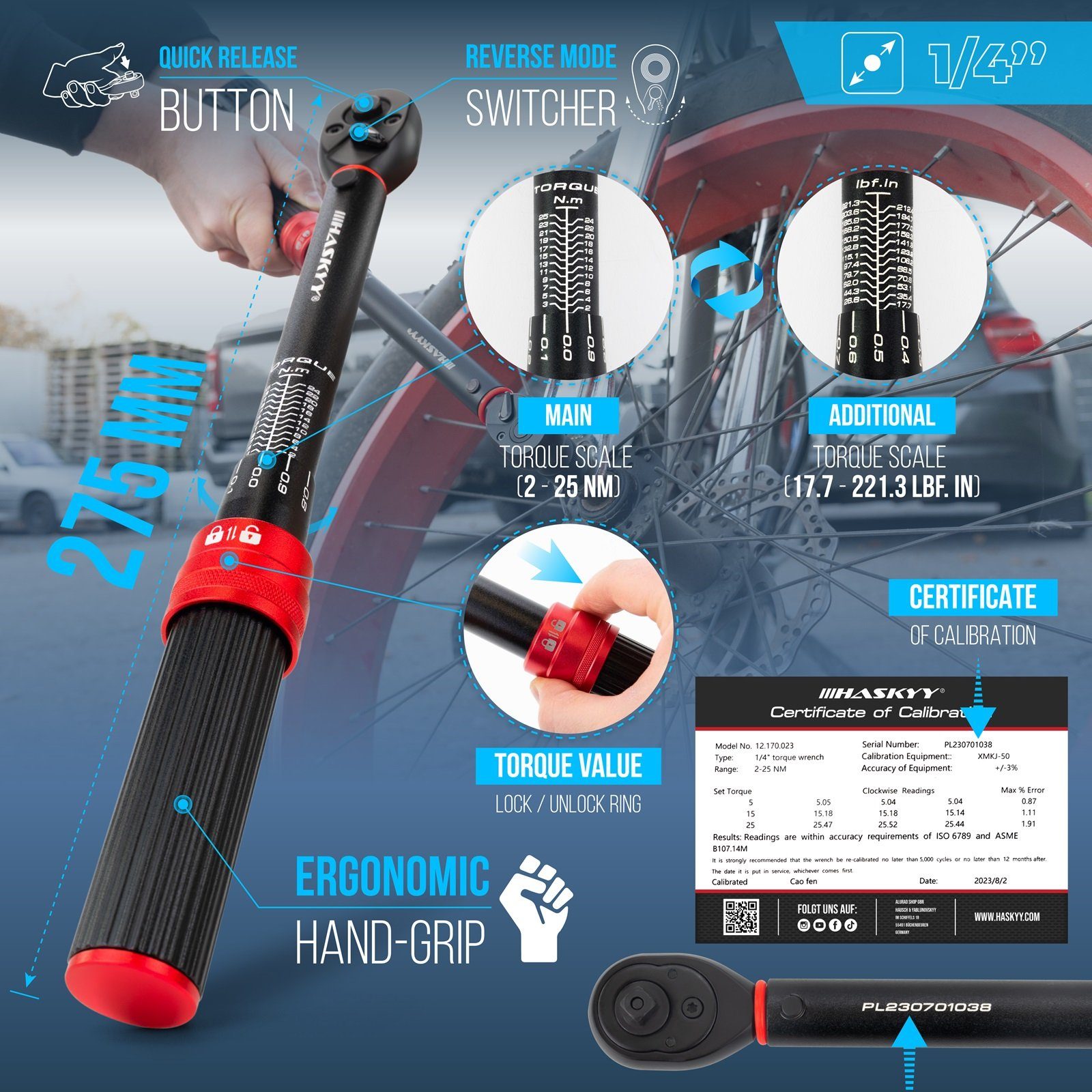 HASKYY Drehmomentschlüssel Drehmomentschlüssel Set 1/4" 2-25Nm mit Nüssen Bits Fahrrad Bike Motor