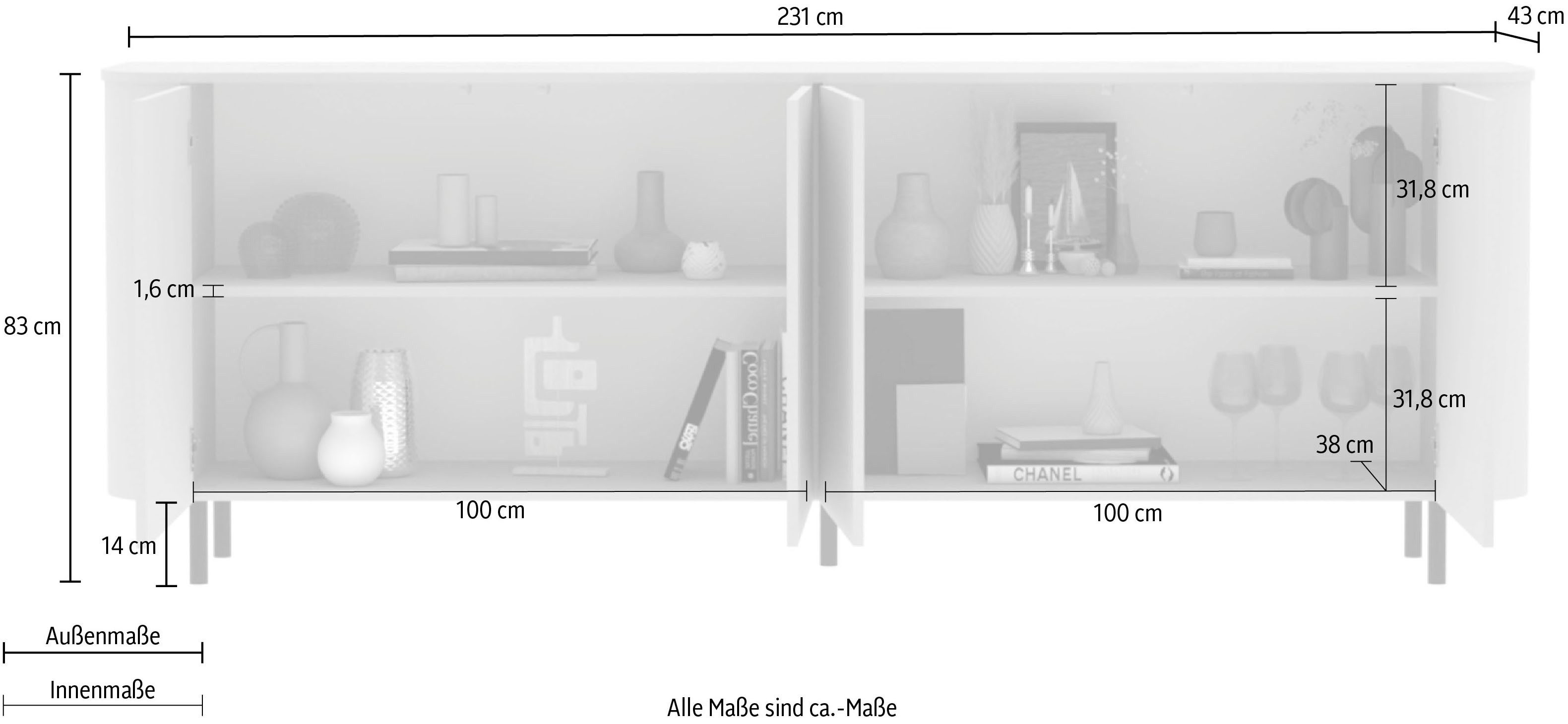OTTO home Vitrine Formgebogenes MDF, Stirnseiten mit Rundung, Push-to-open, Metallfüße
